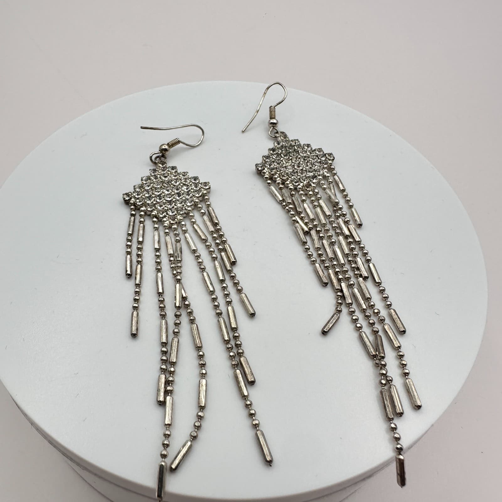 Vintage 90s Y2K Clear Rhinestone Silver Tone Tassel Chandelier Earrings Jewelry - Thumbnail 4
