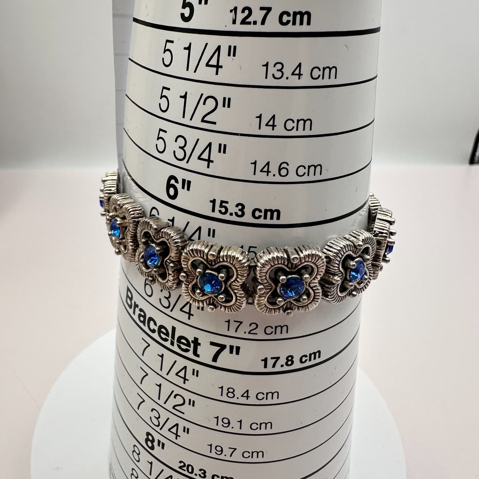 Vintage 90s Silver Tone Blue Glass Flower Link Bracelet Retro Fashion Jewelry - Thumbnail 7