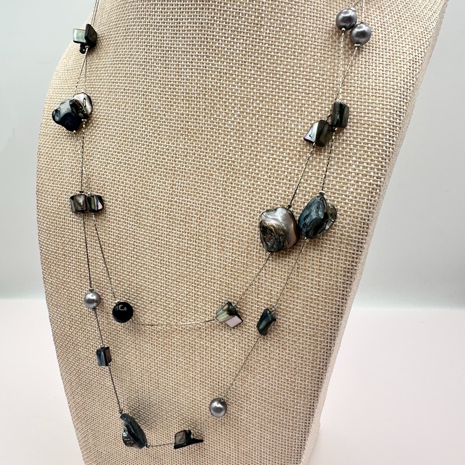 Vintage 90s Silver Tone Double Strand Iridescent Shell Necklace Women's Jewelry - Thumbnail 12