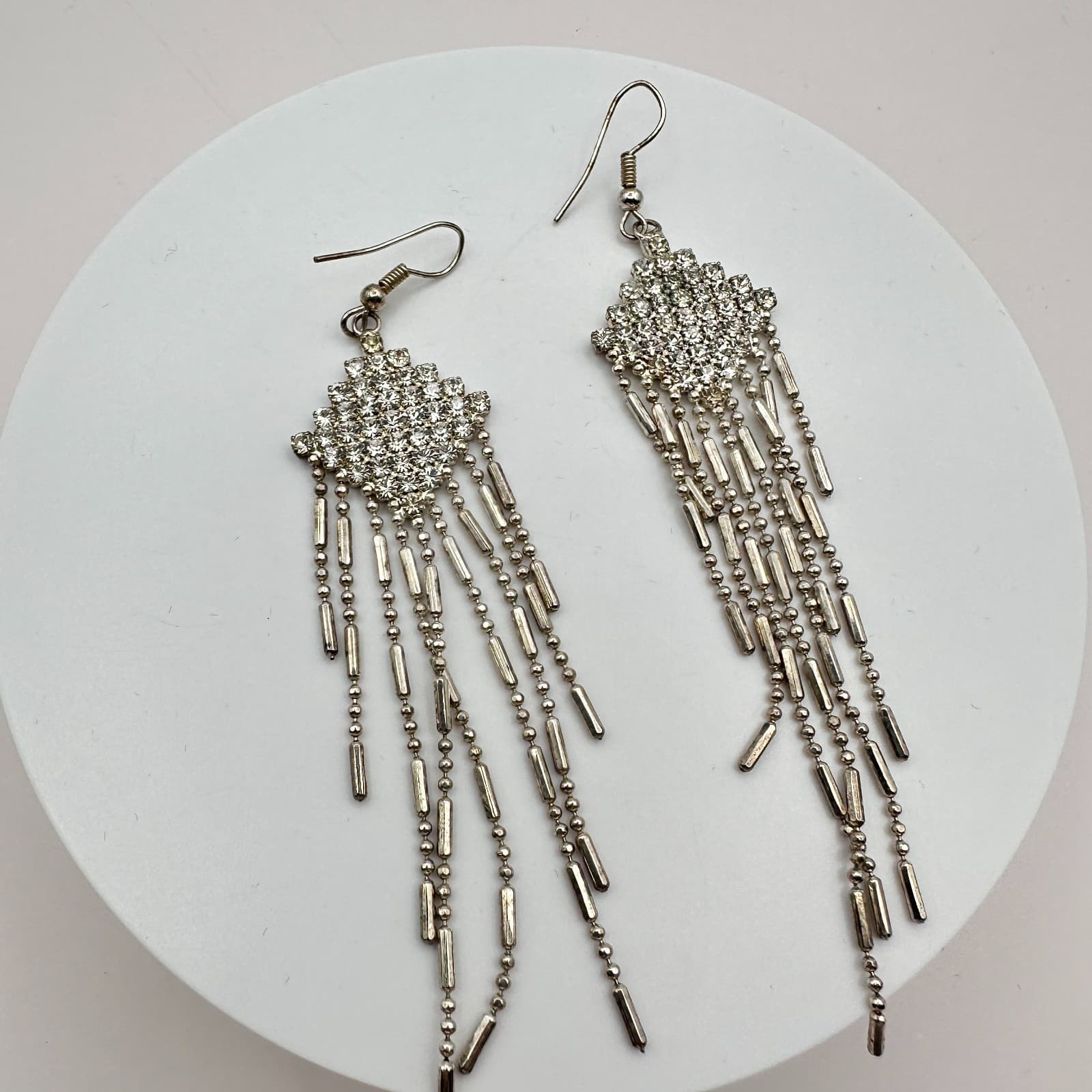 Vintage 90s Y2K Clear Rhinestone Silver Tone Tassel Chandelier Earrings Jewelry - Thumbnail 2