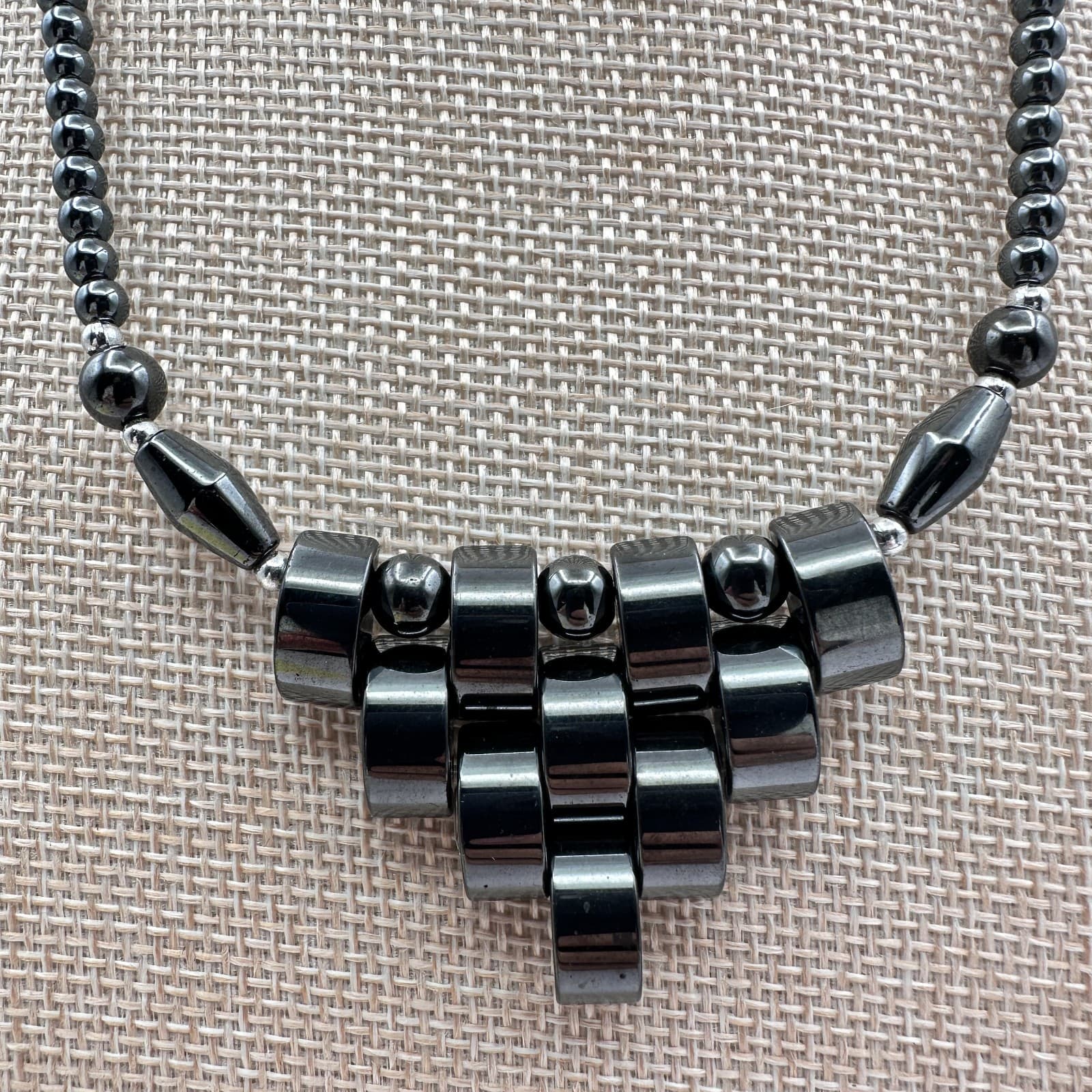 Vintage 90s Hematite Bead Necklace Tiered Fringe Bib Statement Fashion Jewelry - Thumbnail 3