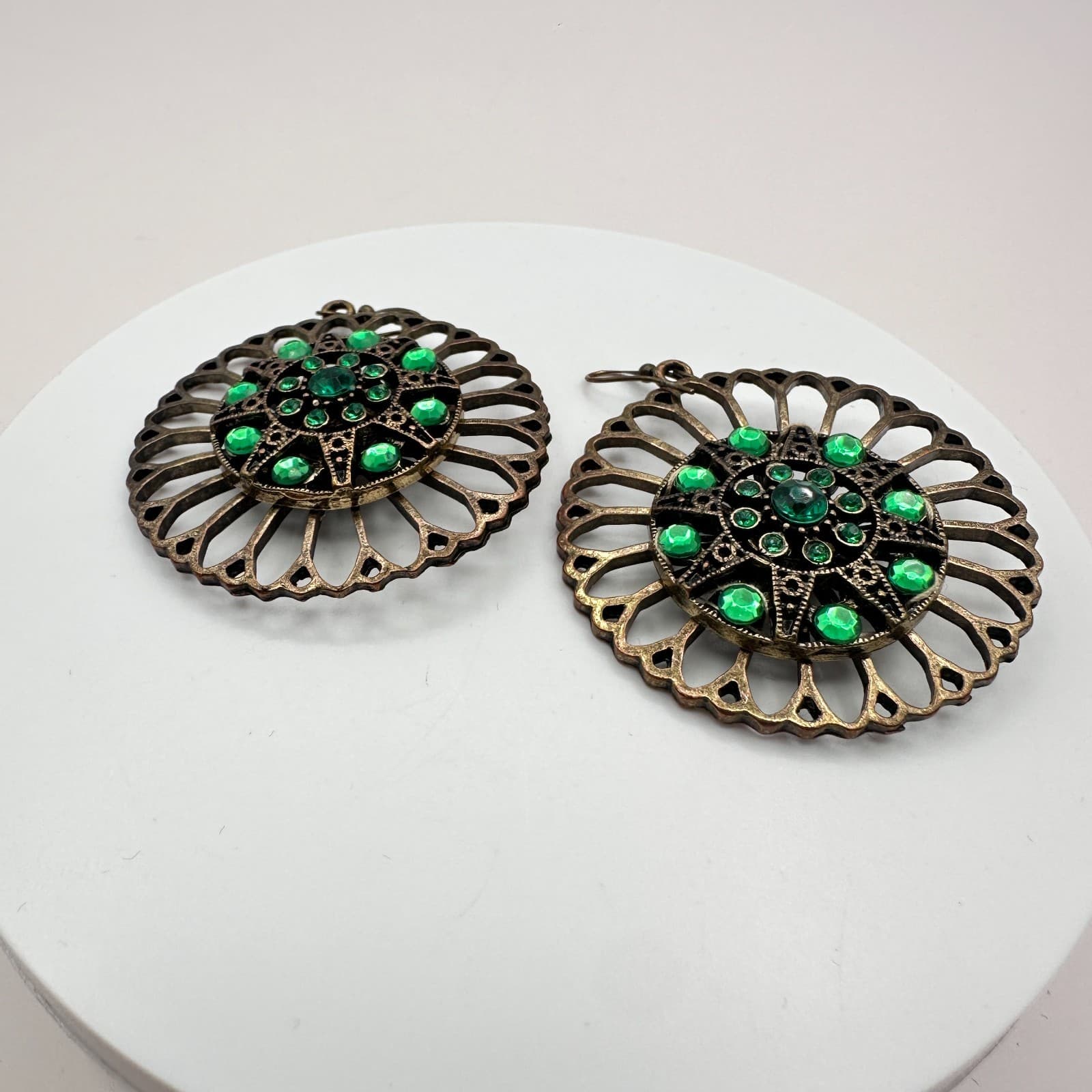 Vintage 90s Bronze Tone Green Glass Filigree Statement Drop Earrings Jewelry - Thumbnail 4