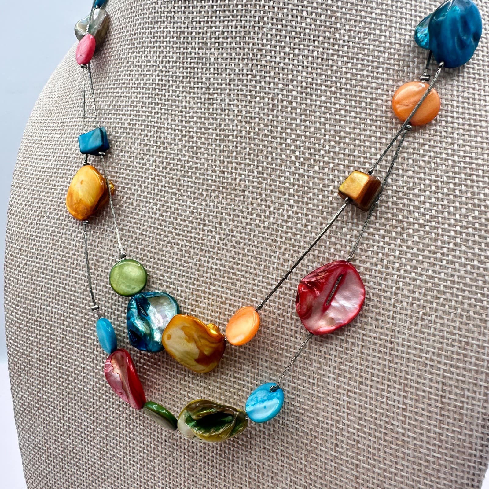 Vintage Y2K Silver Tone Double Strand Rainbow Shell Necklace Women's Jewelry - Thumbnail 7