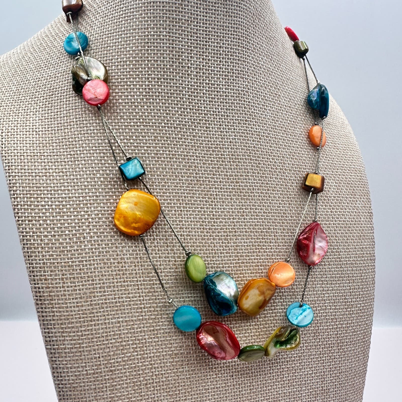 Vintage Y2K Silver Tone Double Strand Rainbow Shell Necklace Women's Jewelry - Thumbnail 6