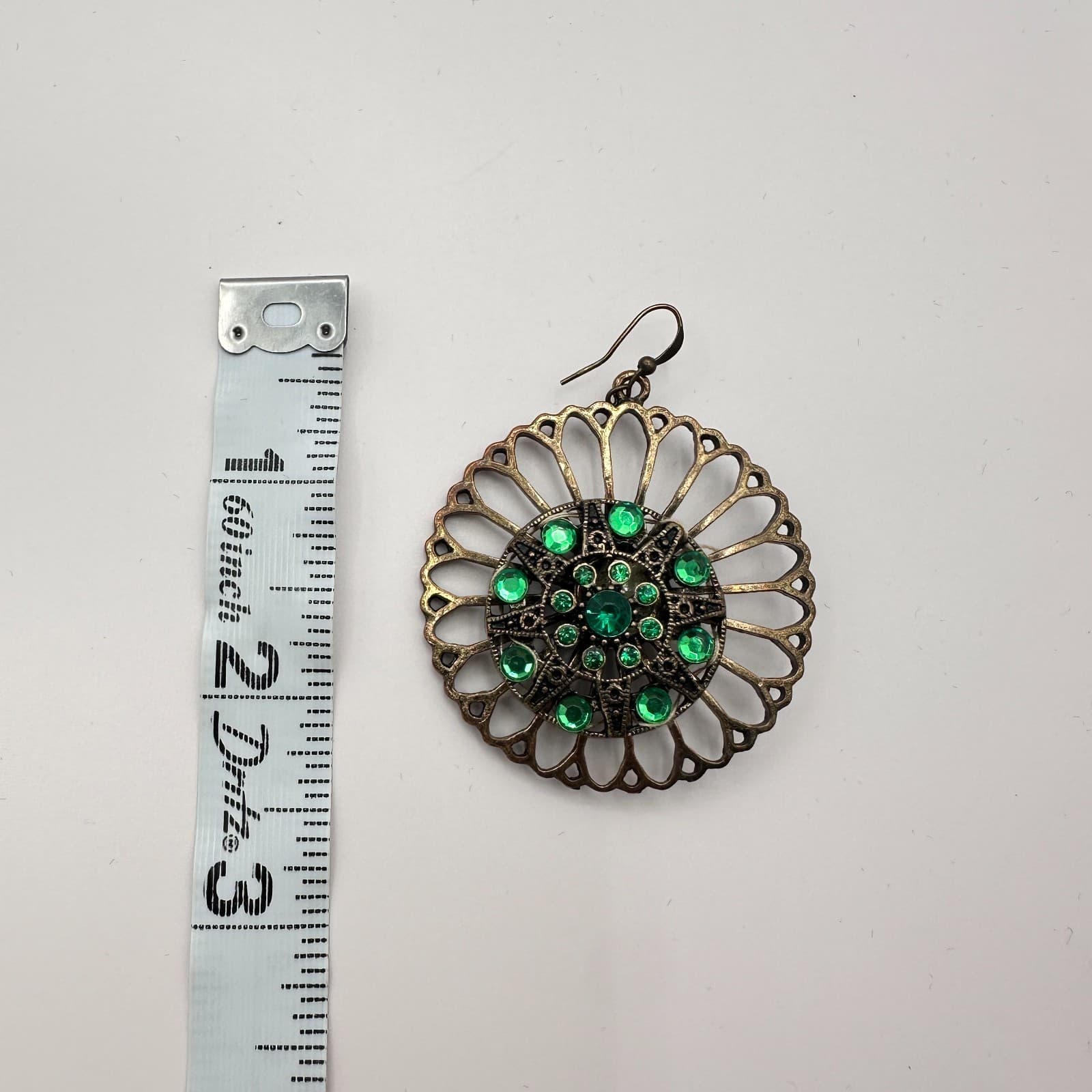 Vintage 90s Bronze Tone Green Glass Filigree Statement Drop Earrings Jewelry - Thumbnail 6