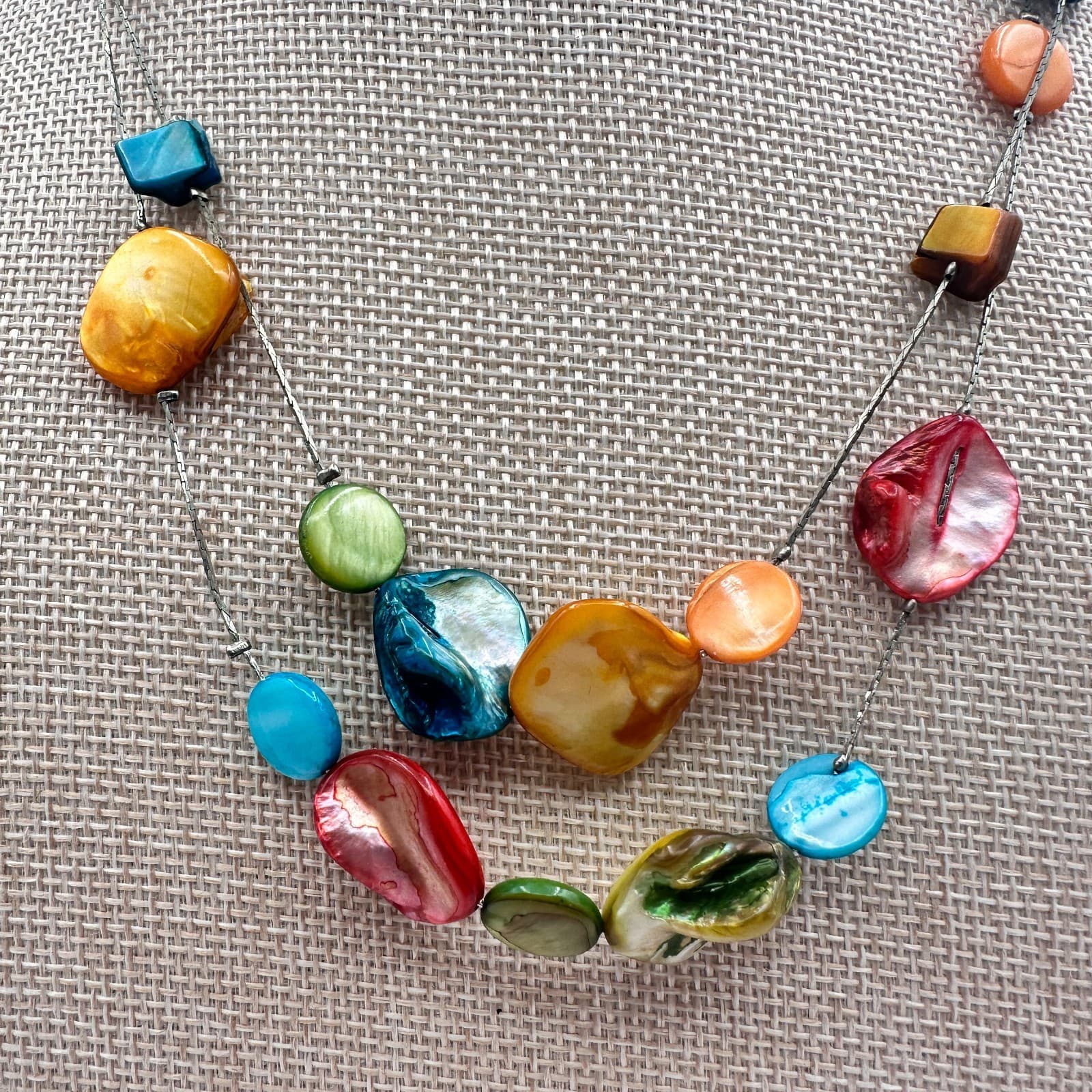 Vintage Y2K Silver Tone Double Strand Rainbow Shell Necklace Women's Jewelry - Thumbnail 2