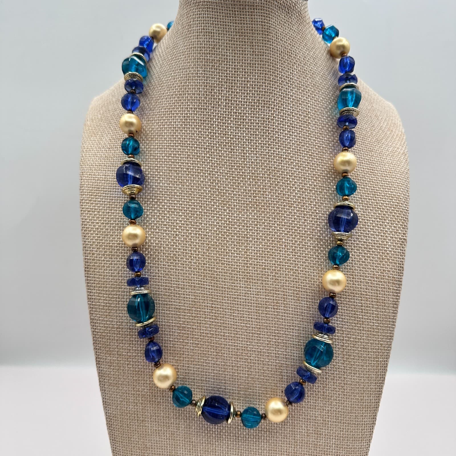 Vintage 90s Blue Glass & Faux Pearl Necklace Boho Statement Fashion Jewelry - Thumbnail 2