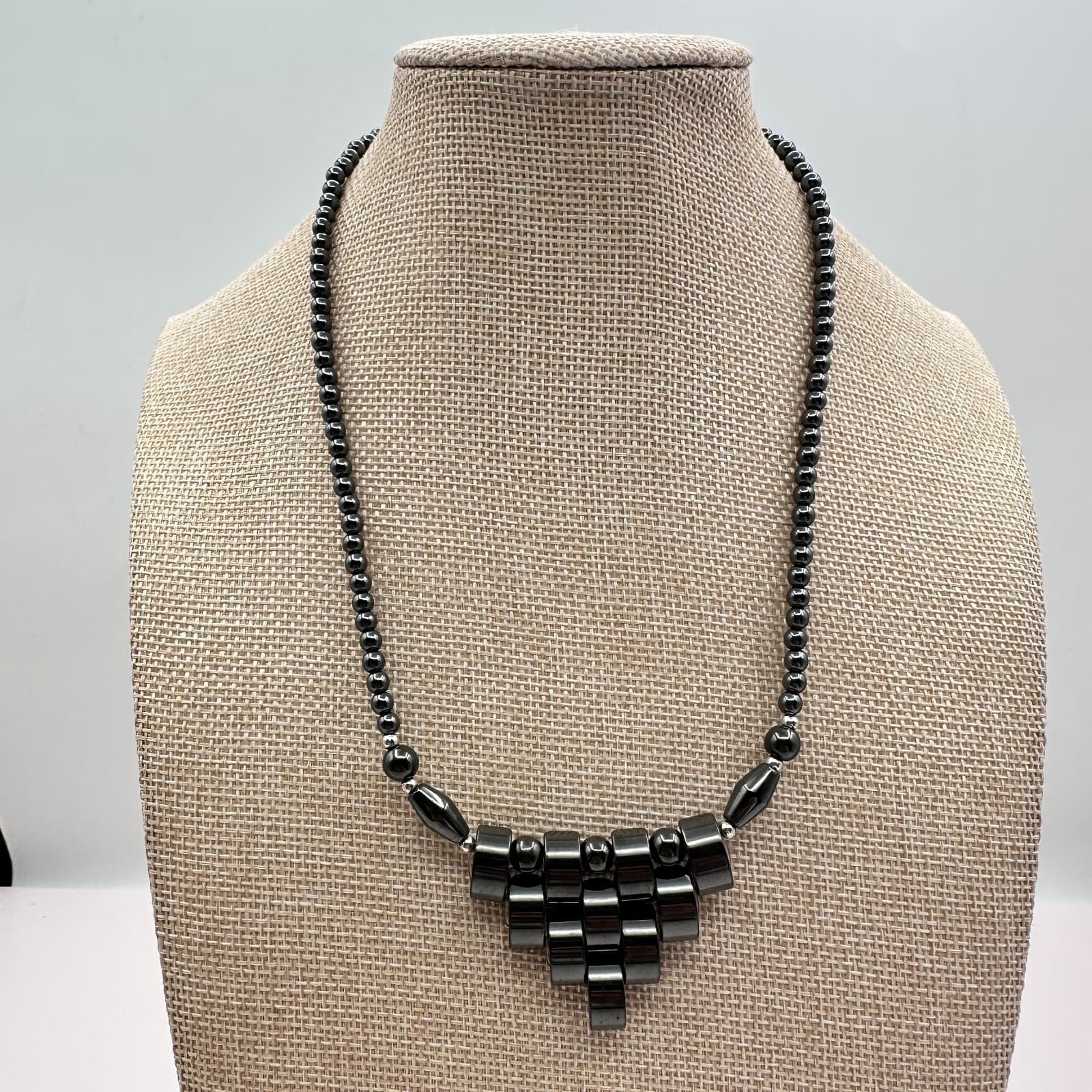 Vintage 90s Hematite Bead Necklace Tiered Fringe Bib Statement Fashion Jewelry - Thumbnail 2