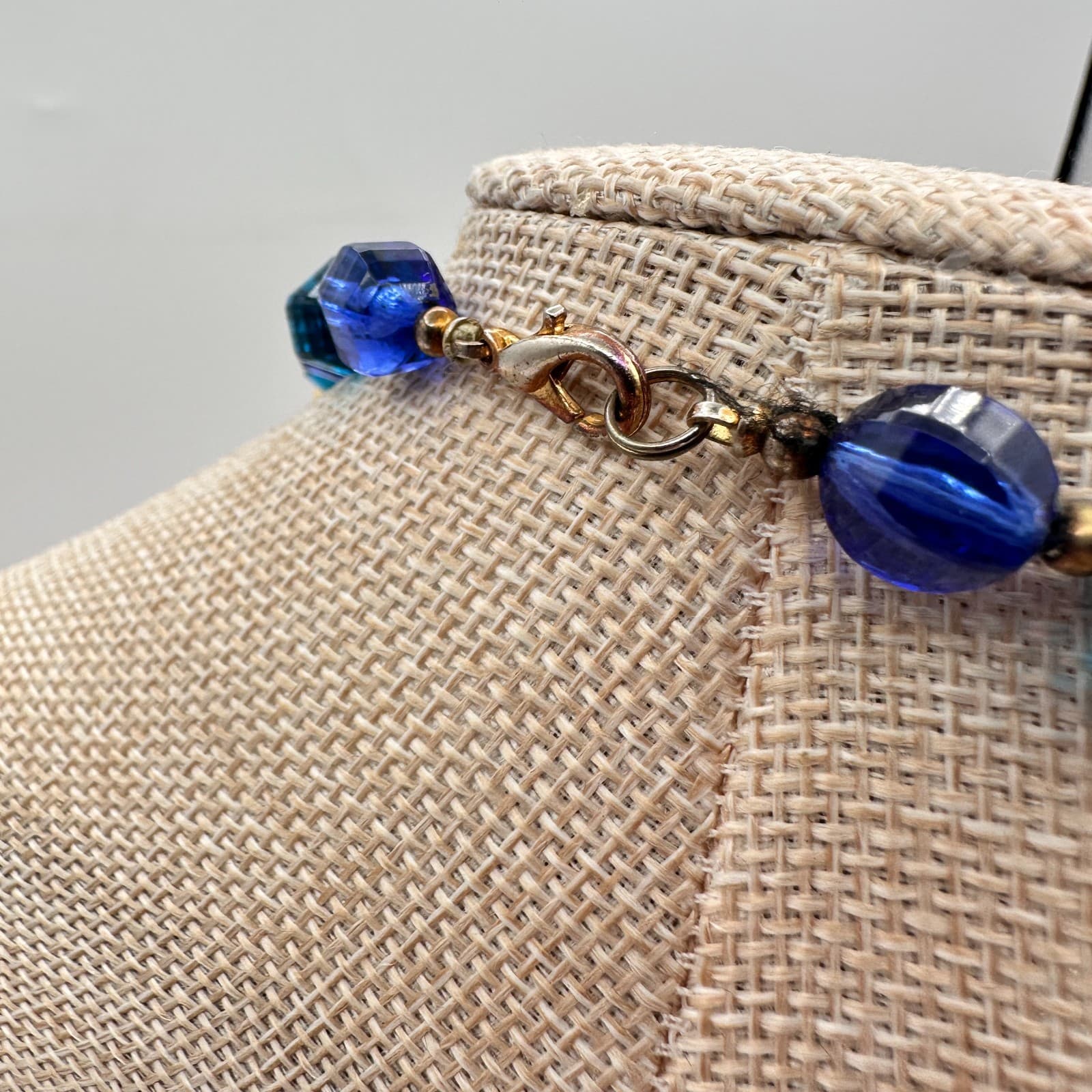 Vintage 90s Blue Glass & Faux Pearl Necklace Boho Statement Fashion Jewelry - Thumbnail 8