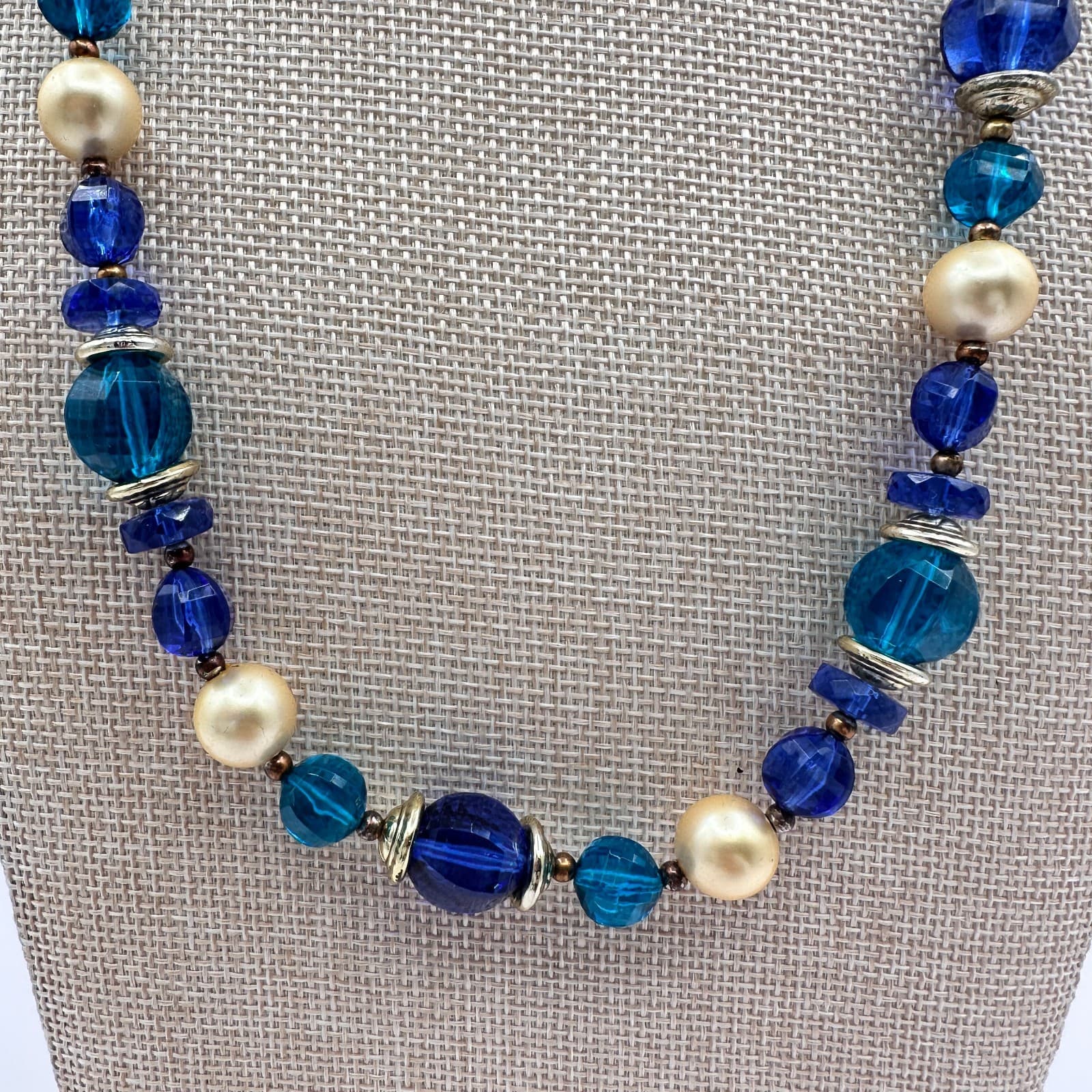 Vintage 90s Blue Glass & Faux Pearl Necklace Boho Statement Fashion Jewelry - Thumbnail 3