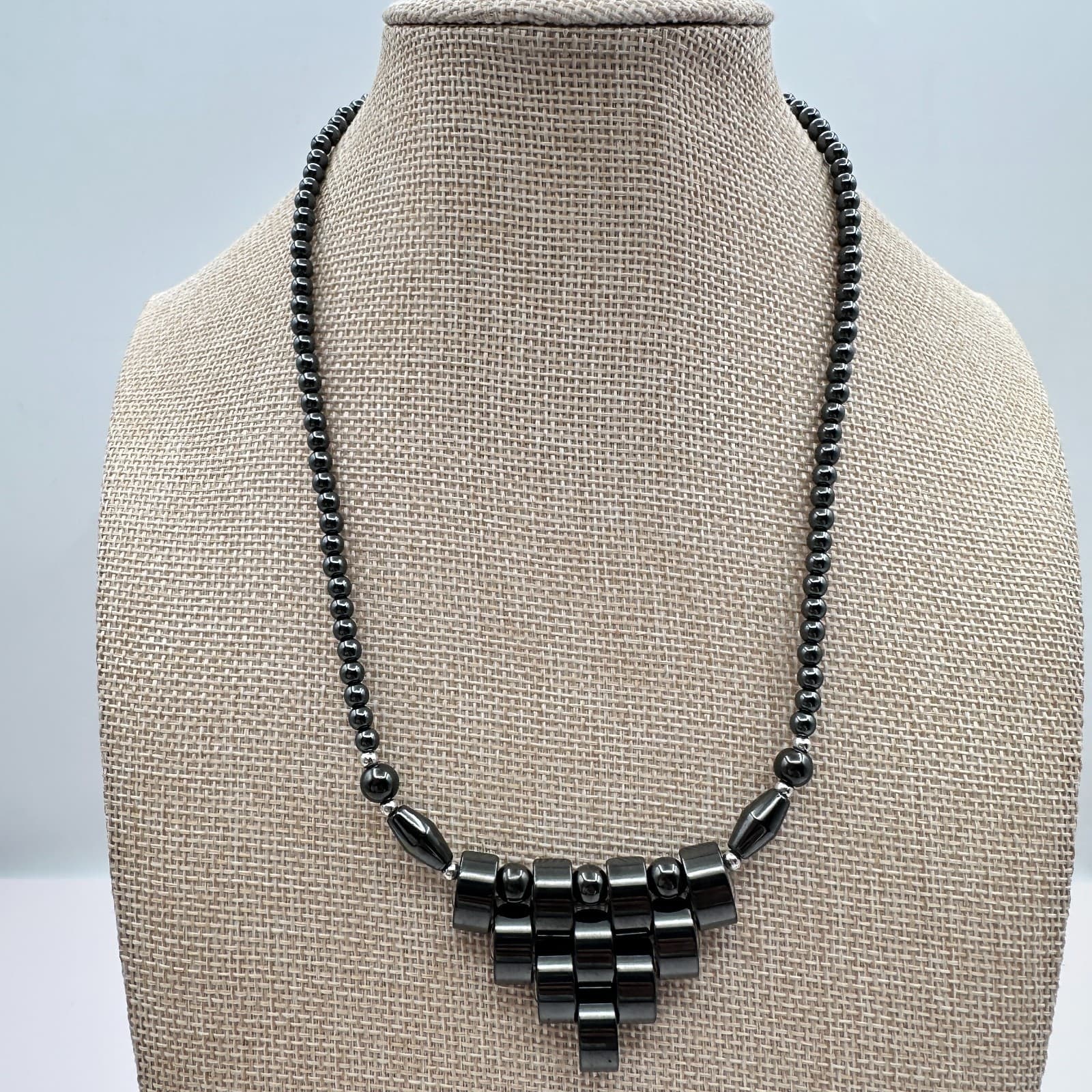 Vintage 90s Hematite Bead Necklace Tiered Fringe Bib Statement Fashion Jewelry - Thumbnail 8