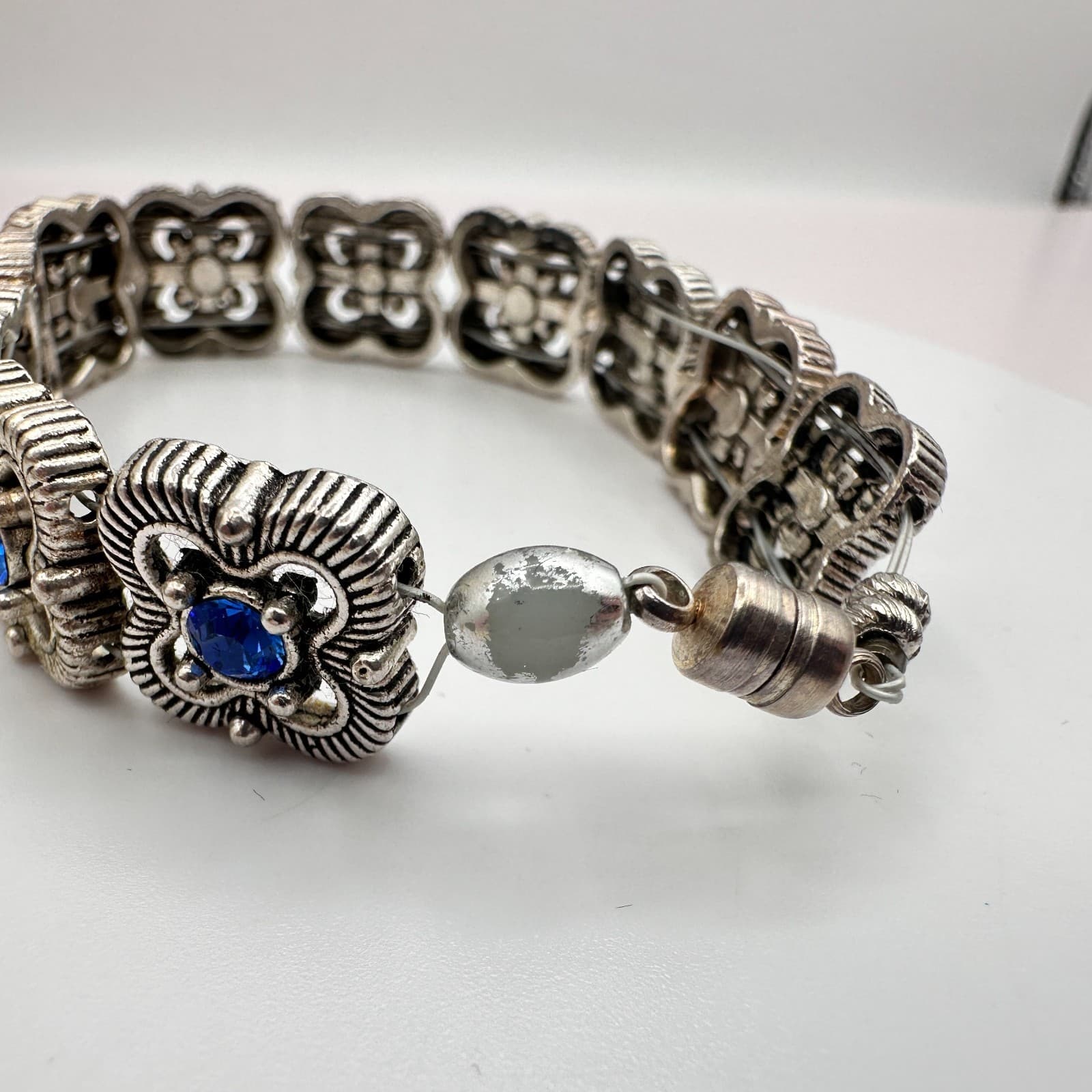 Vintage 90s Silver Tone Blue Glass Flower Link Bracelet Retro Fashion Jewelry - Thumbnail 6
