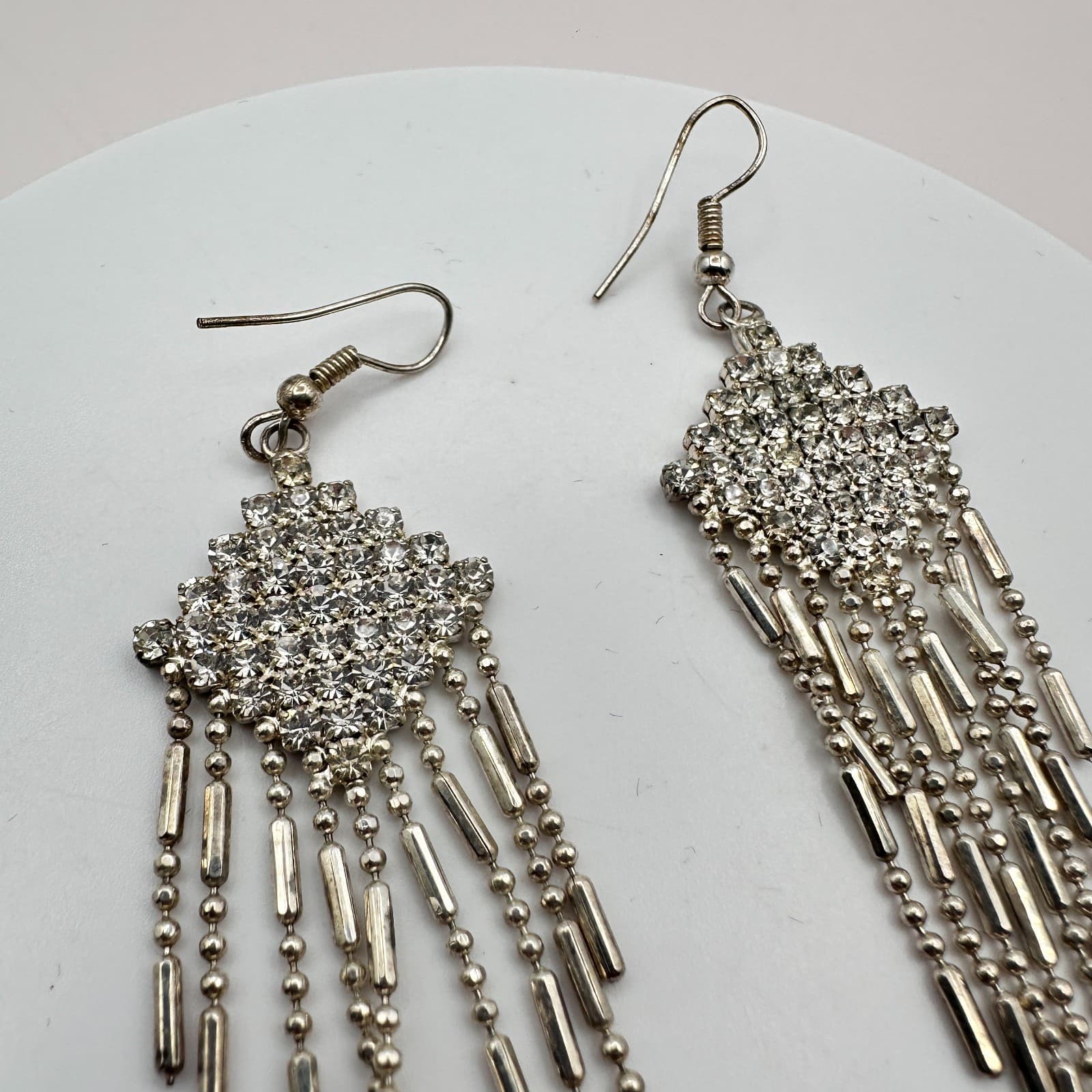 Vintage 90s Y2K Clear Rhinestone Silver Tone Tassel Chandelier Earrings Jewelry - Thumbnail 3
