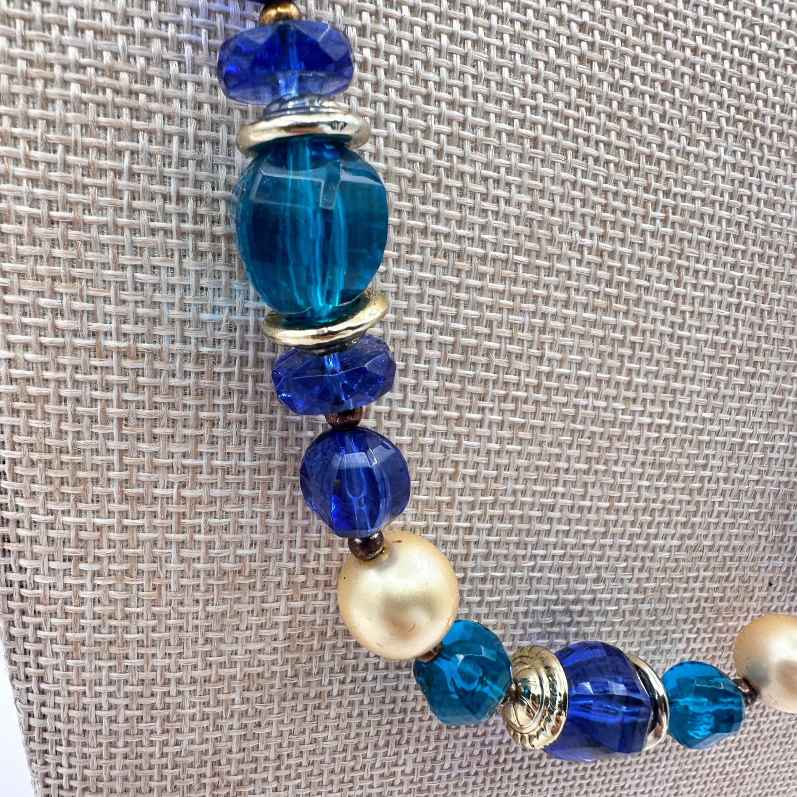 Vintage 90s Blue Glass & Faux Pearl Necklace Boho Statement Fashion Jewelry - Thumbnail 4