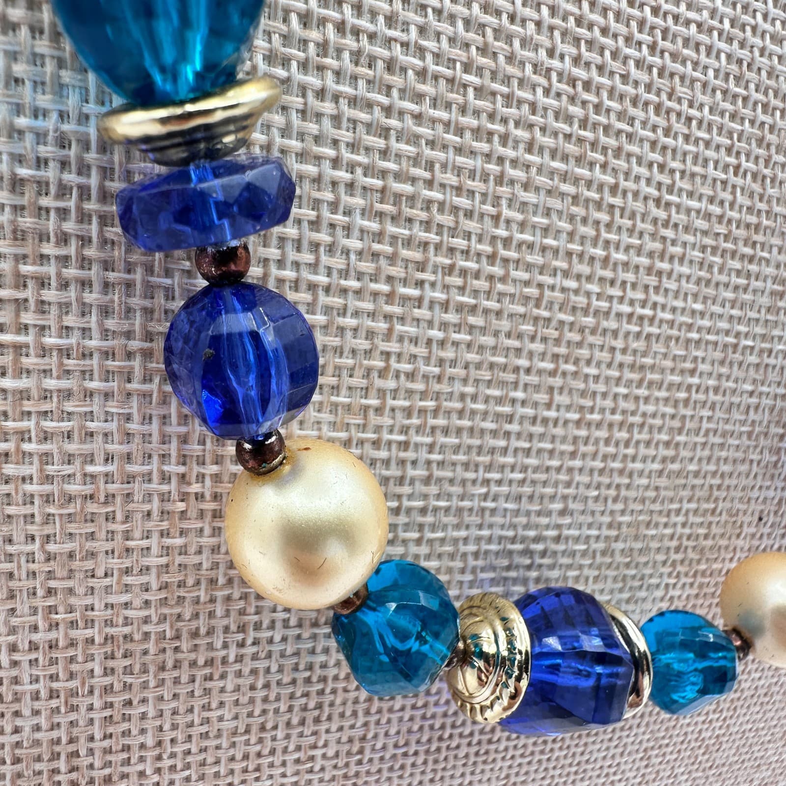 Vintage 90s Blue Glass & Faux Pearl Necklace Boho Statement Fashion Jewelry - Thumbnail 5