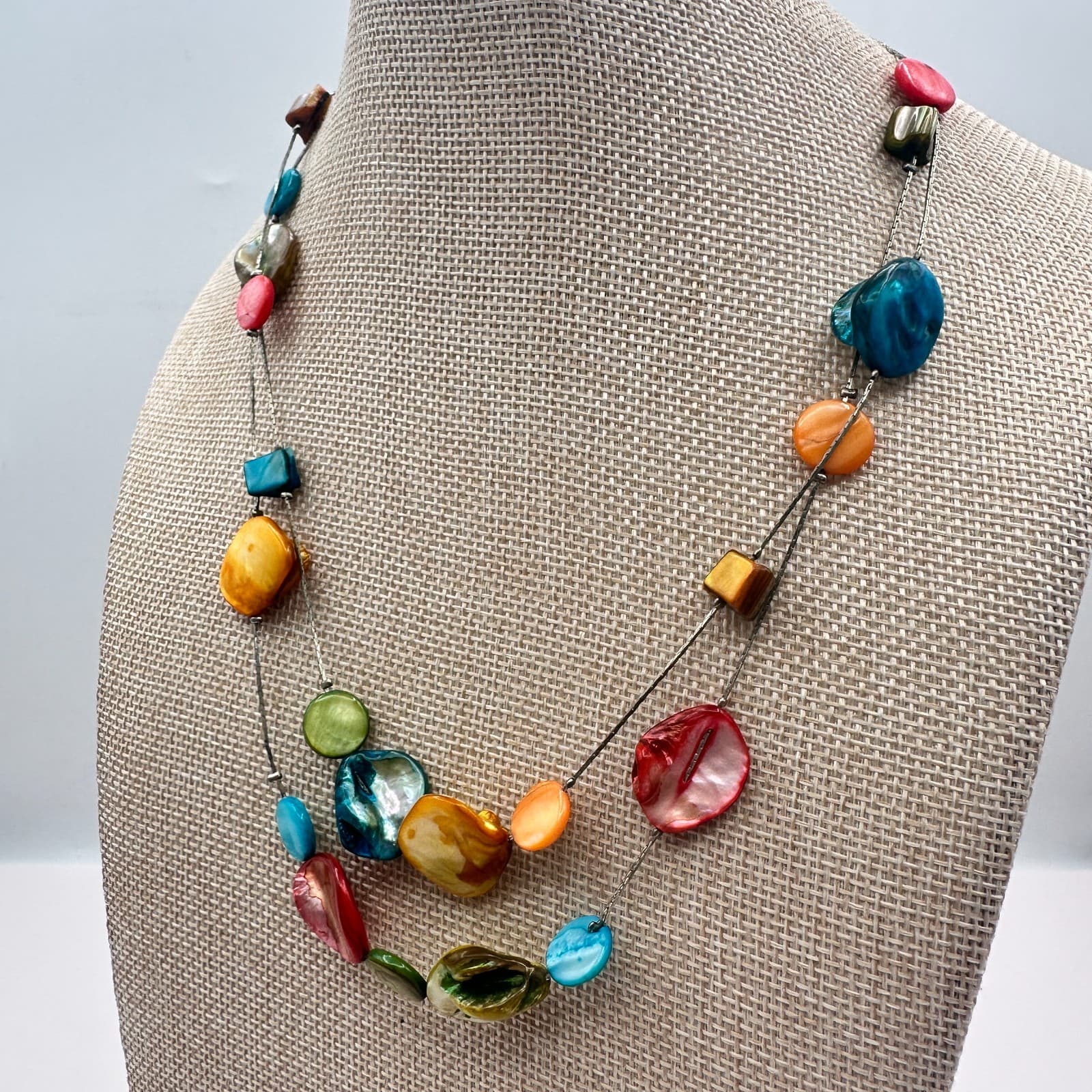 Vintage Y2K Silver Tone Double Strand Rainbow Shell Necklace Women's Jewelry - Thumbnail 8
