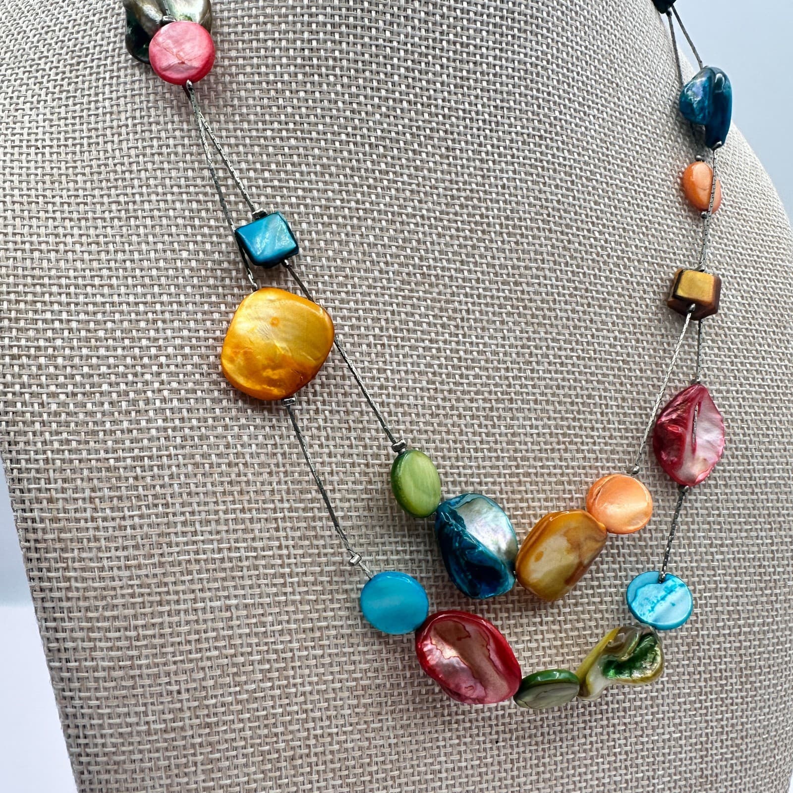 Vintage Y2K Silver Tone Double Strand Rainbow Shell Necklace Women's Jewelry - Thumbnail 5