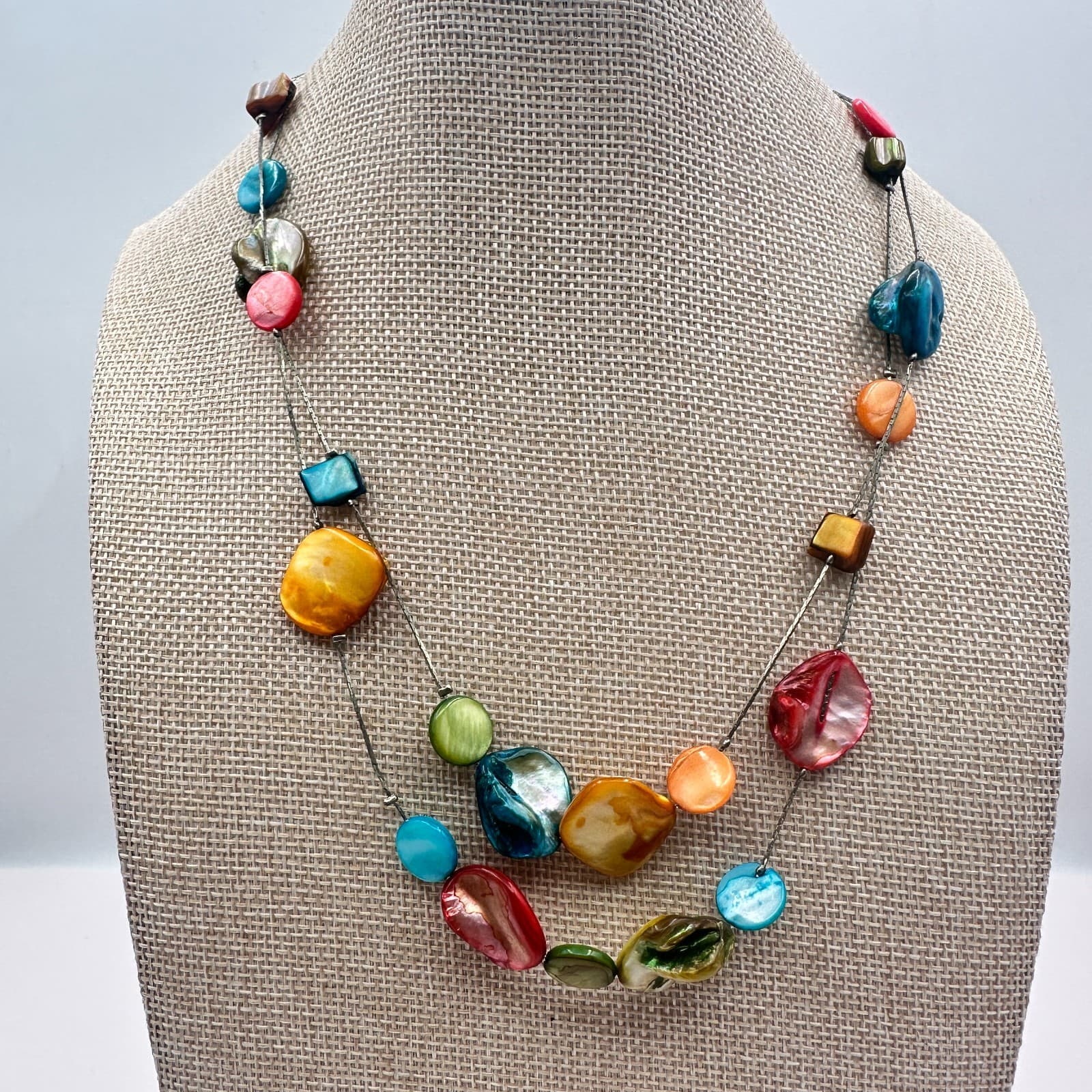 Vintage Y2K Silver Tone Double Strand Rainbow Shell Necklace Women's Jewelry - Thumbnail 9