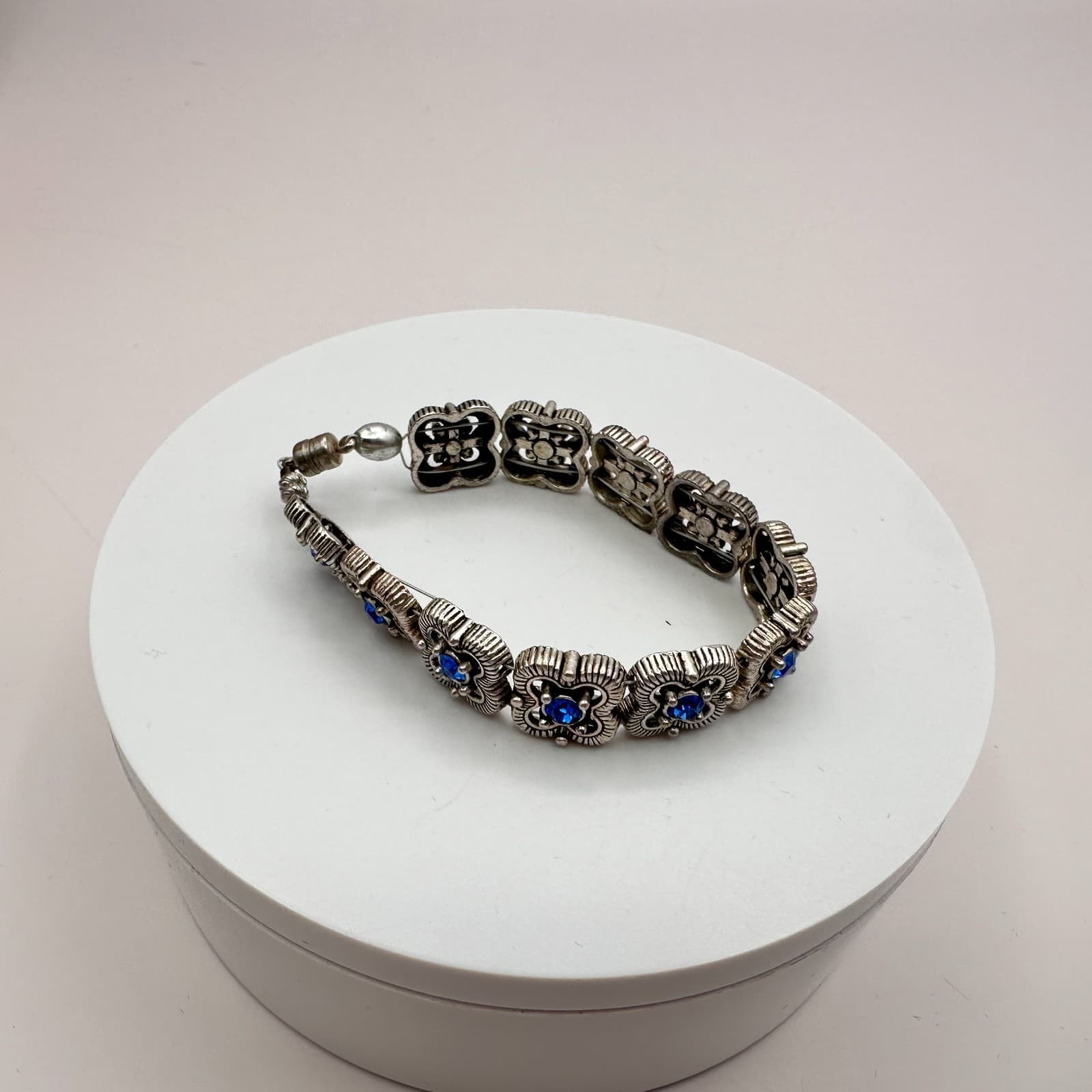 Vintage 90s Silver Tone Blue Glass Flower Link Bracelet Retro Fashion Jewelry - Thumbnail 5