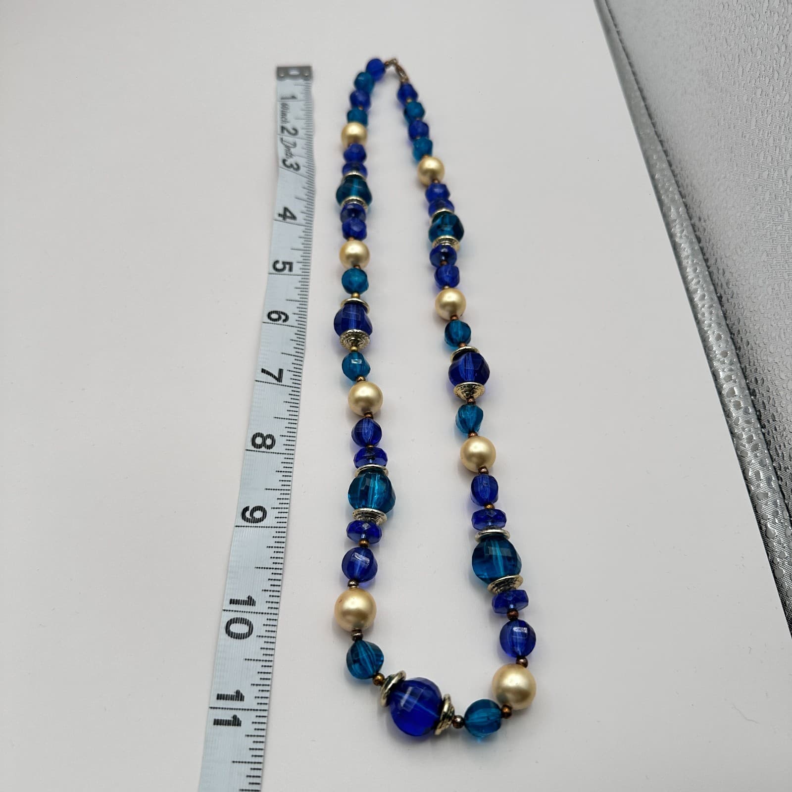 Vintage 90s Blue Glass & Faux Pearl Necklace Boho Statement Fashion Jewelry - Thumbnail 9