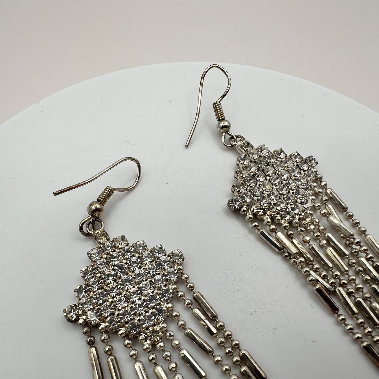 Vintage 90s Y2K Clear Rhinestone Silver Tone Tassel Chandelier Earrings Jewelry - Thumbnail 6
