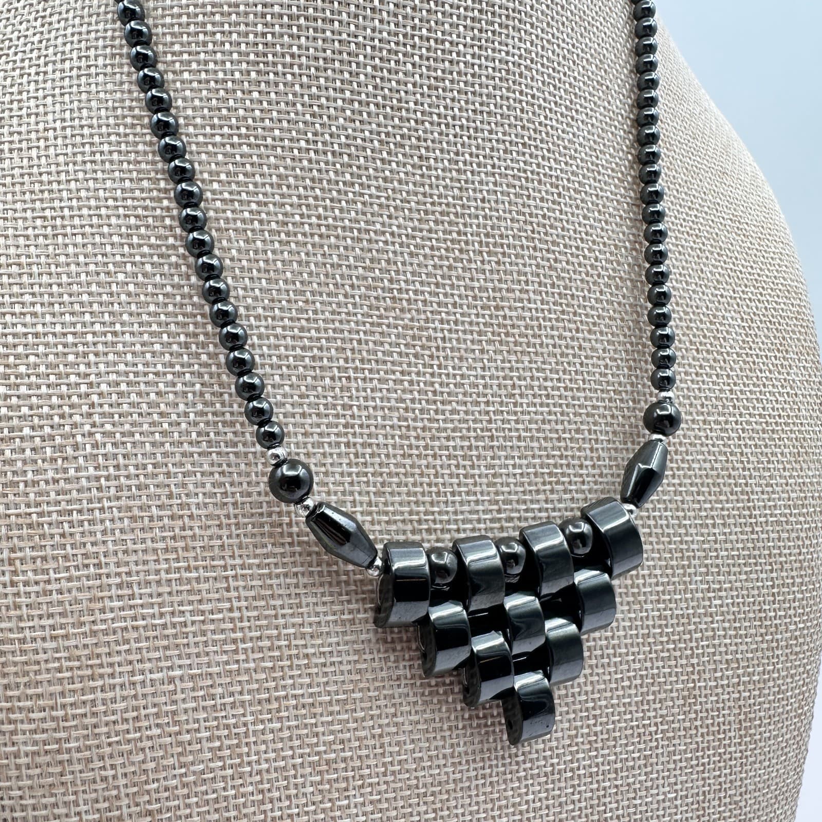 Vintage 90s Hematite Bead Necklace Tiered Fringe Bib Statement Fashion Jewelry - Thumbnail 5