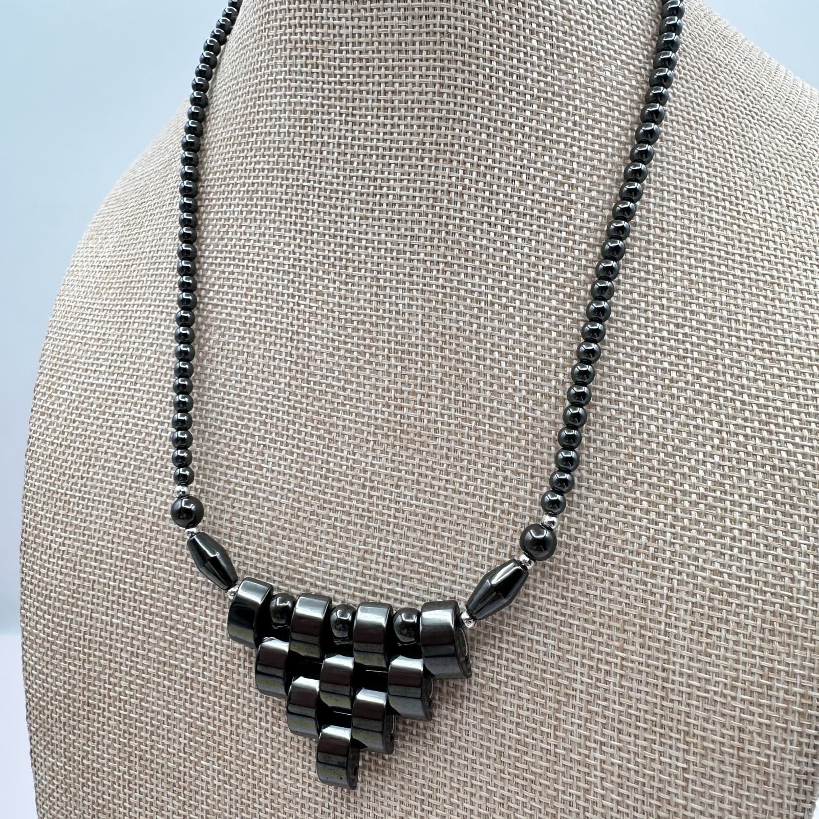 Vintage 90s Hematite Bead Necklace Tiered Fringe Bib Statement Fashion Jewelry - Thumbnail 6