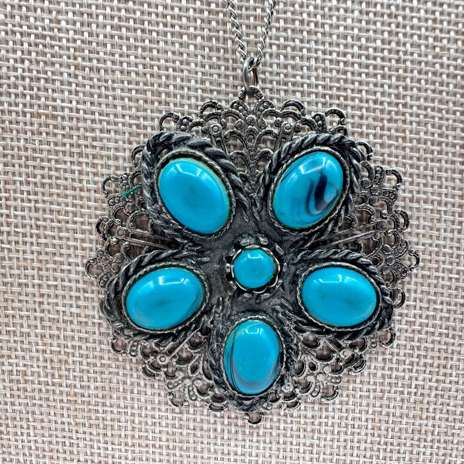 Vintage 70s Silver Tone Faux Turquoise Flower Pendant Necklace Women's Jewelry - Thumbnail 4