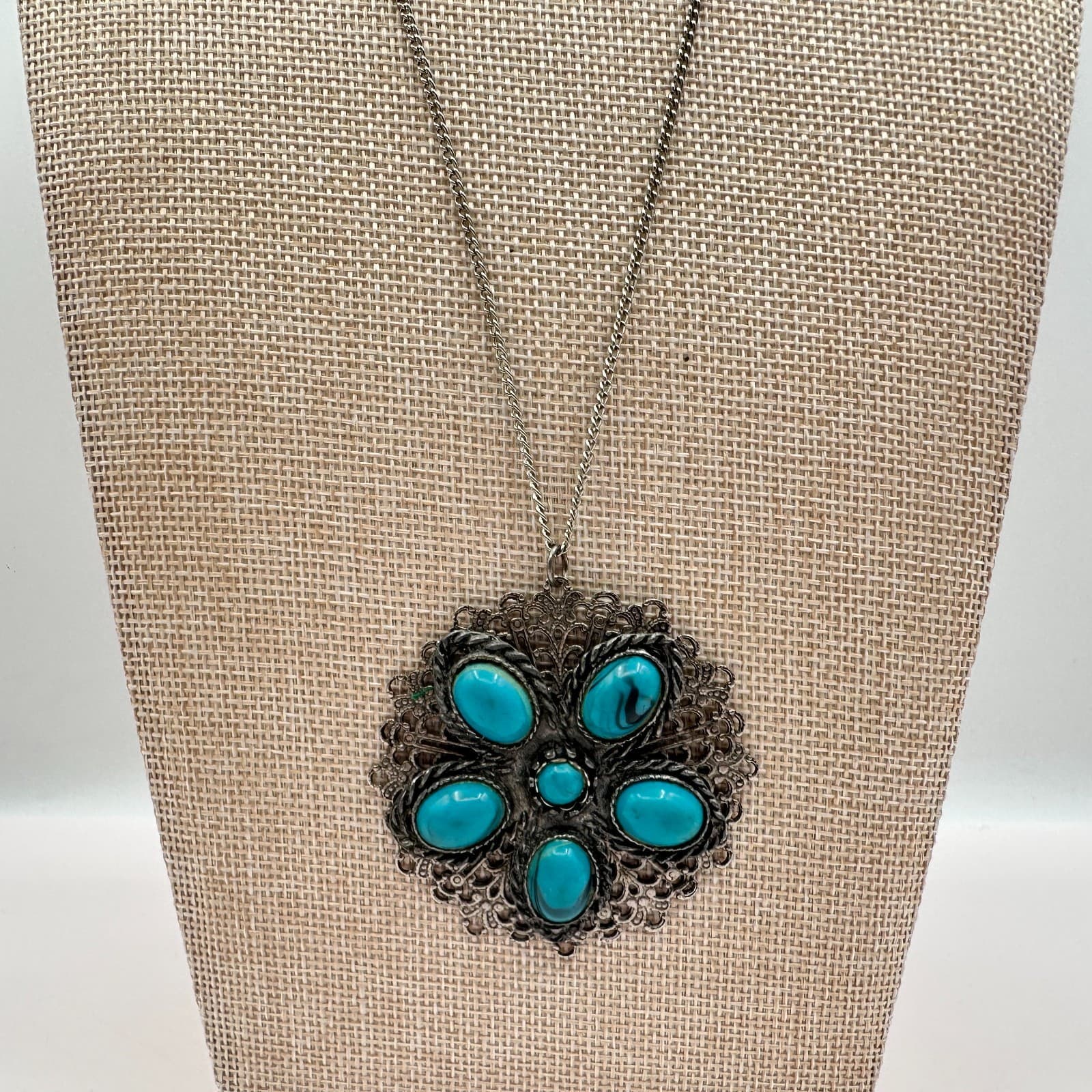 Vintage 70s Silver Tone Faux Turquoise Flower Pendant Necklace Women's Jewelry - Thumbnail 5