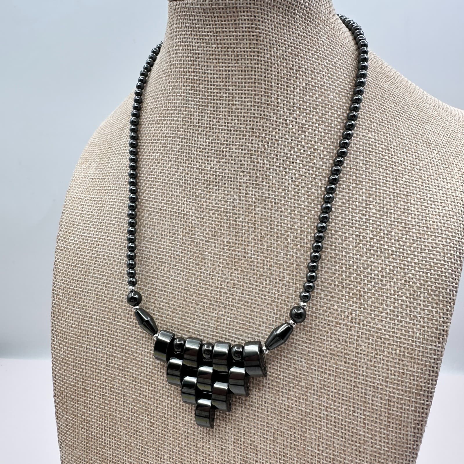 Vintage 90s Hematite Bead Necklace Tiered Fringe Bib Statement Fashion Jewelry - Thumbnail 7