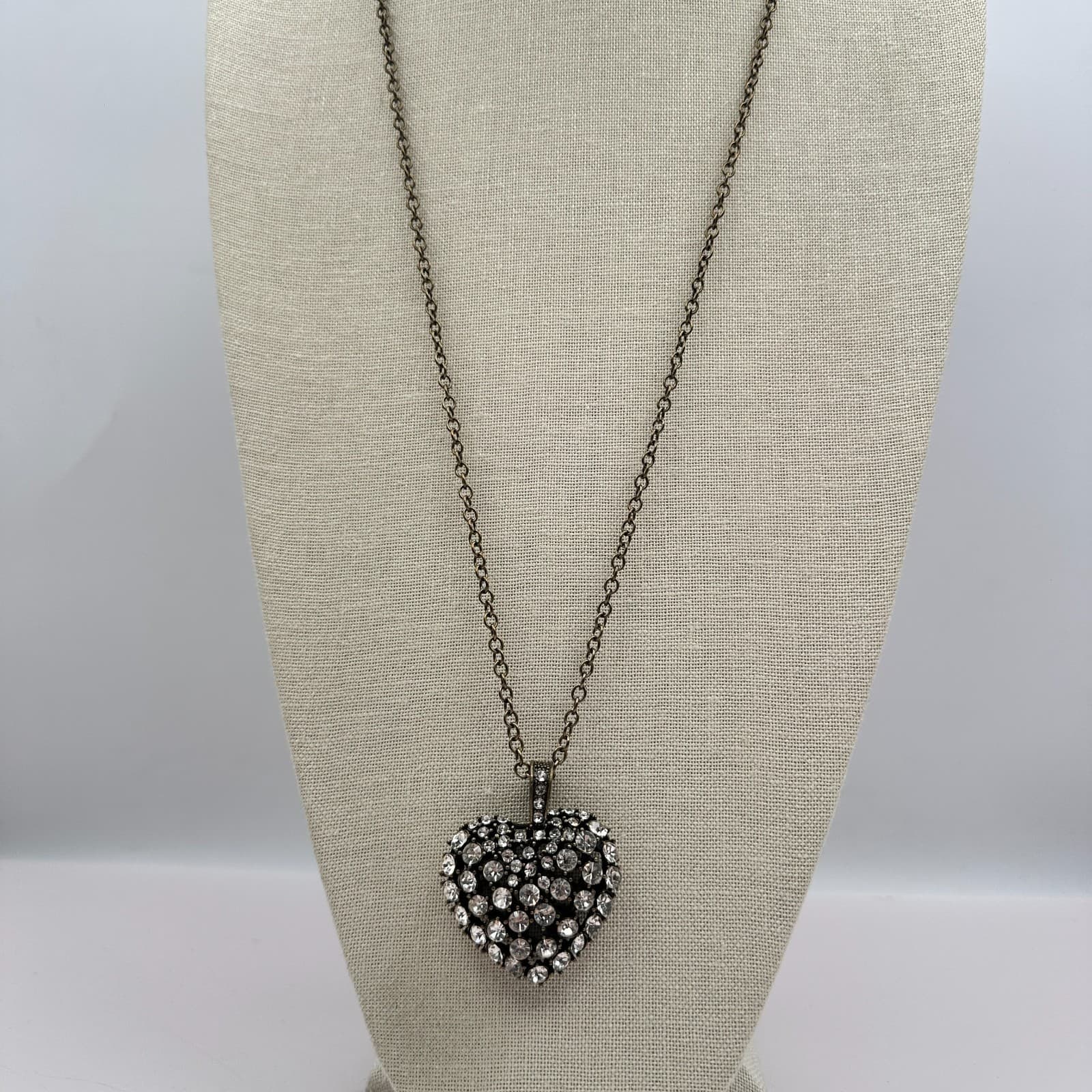 Vintage 90s Bronze Tone Heart Pendant Necklace Clear Glass Boho Fashion Jewelry - Thumbnail 2