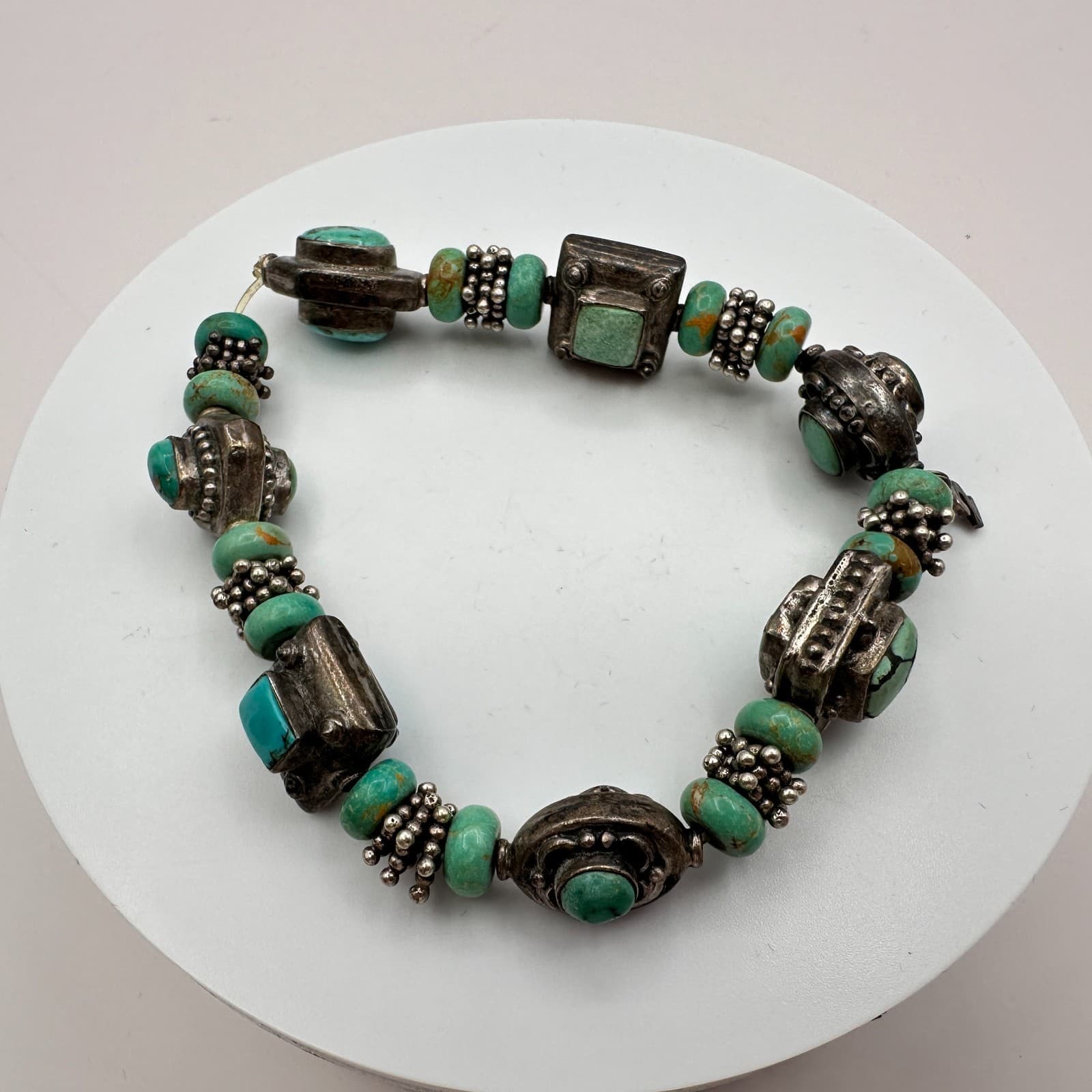 Vintage 90s Y2K Silver Tone Seafoam Green Beaded Bracelet Boho Women's Jewelry - Thumbnail 6