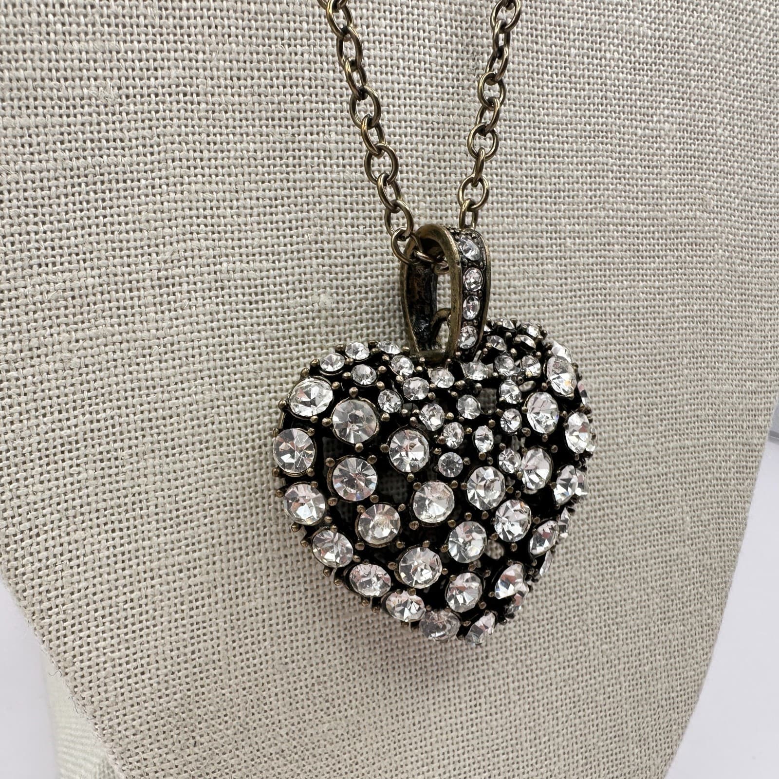 Vintage 90s Bronze Tone Heart Pendant Necklace Clear Glass Boho Fashion Jewelry - Thumbnail 5