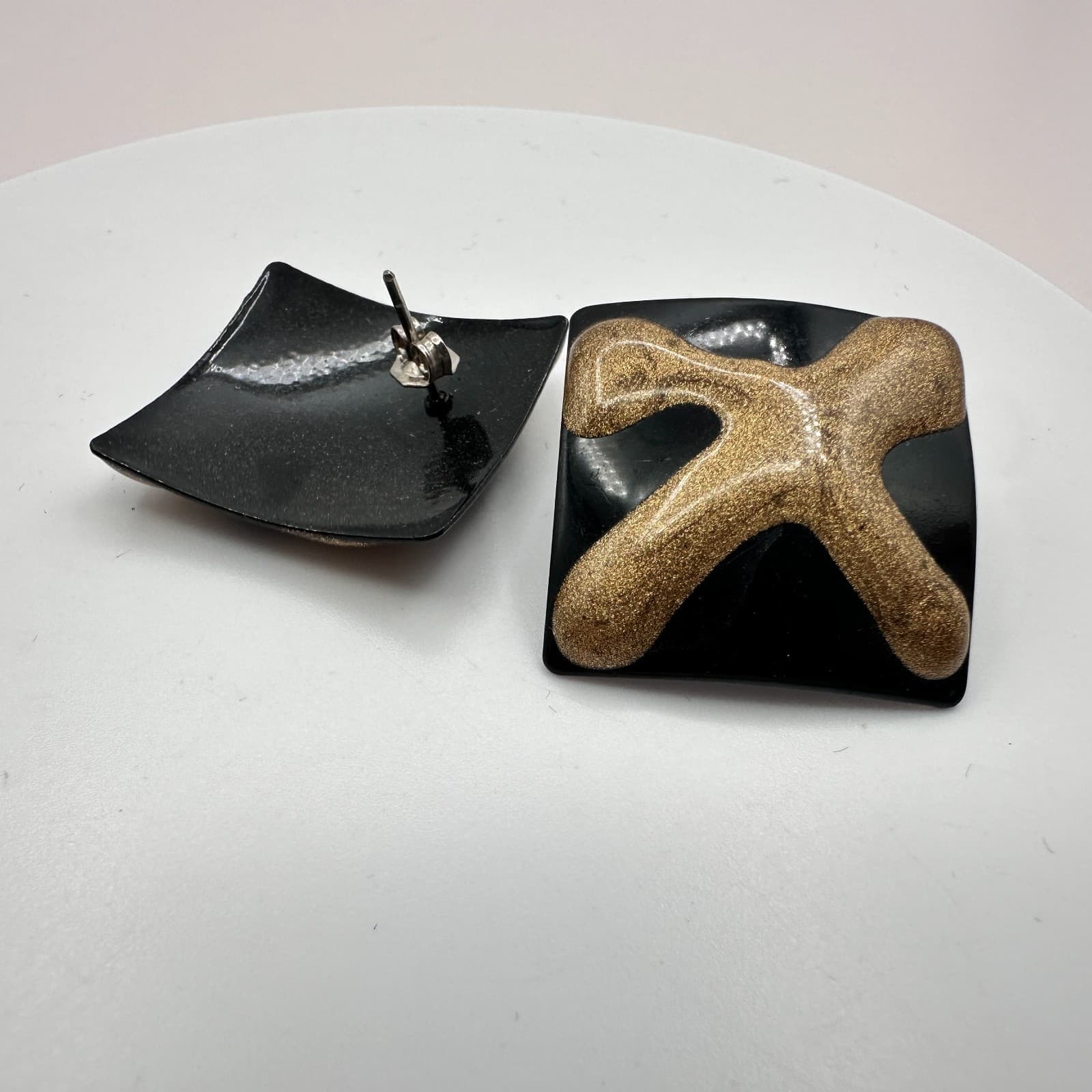Vintage 90s Black Gold Abstract Square Stud Earrings Geometric Fashion Jewelry - Thumbnail 5
