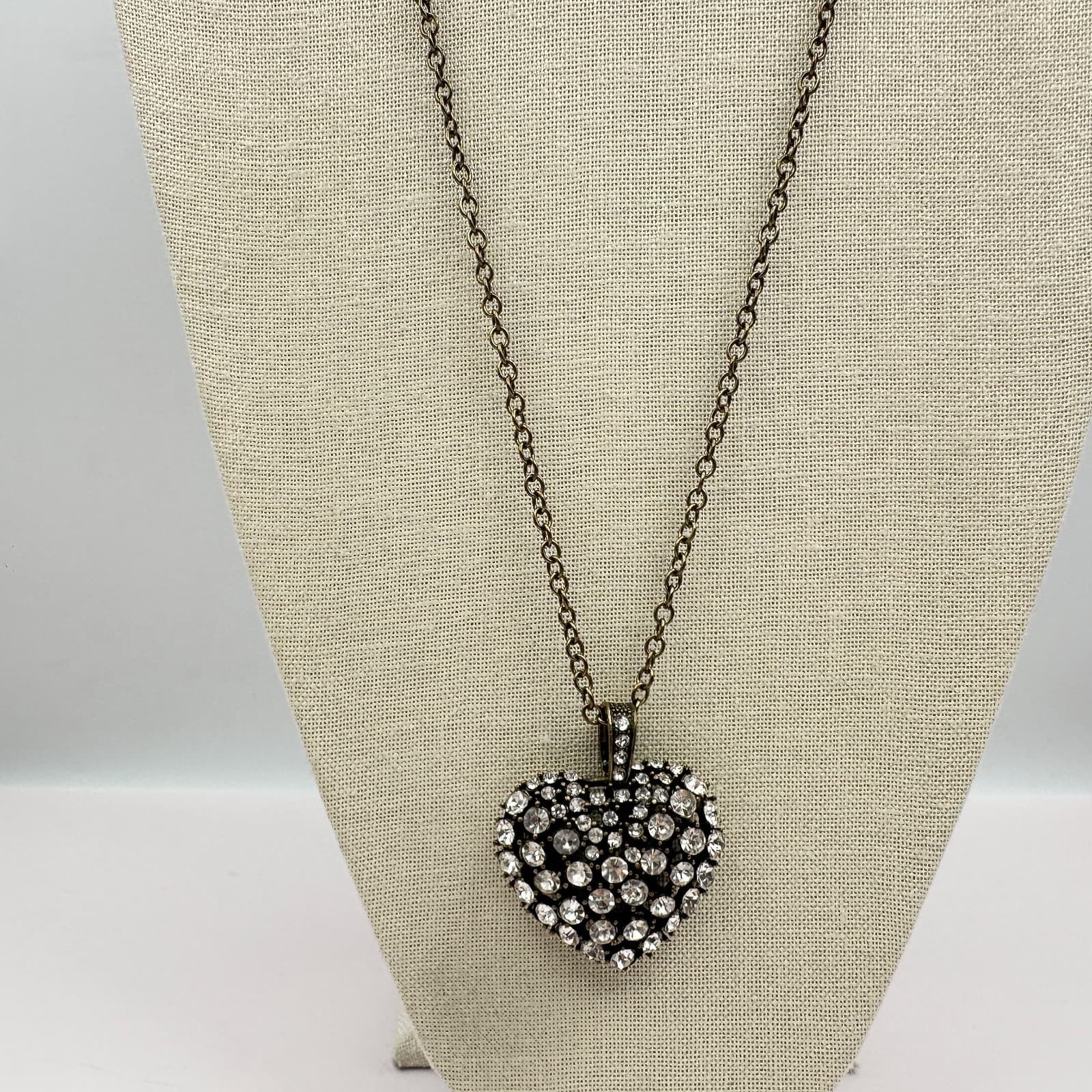 Vintage 90s Bronze Tone Heart Pendant Necklace Clear Glass Boho Fashion Jewelry - Thumbnail 7
