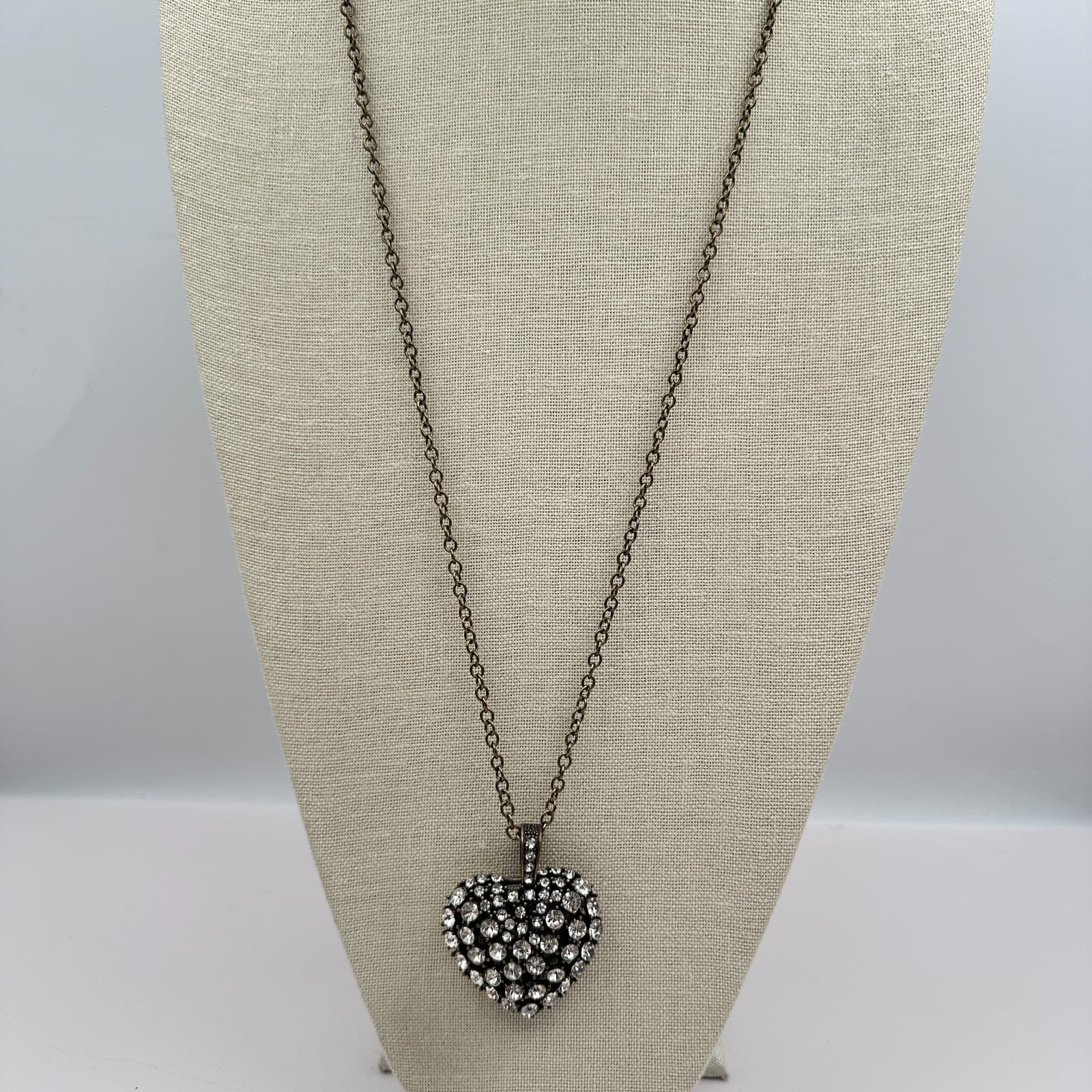 Vintage 90s Bronze Tone Heart Pendant Necklace Clear Glass Boho Fashion Jewelry - Thumbnail 3