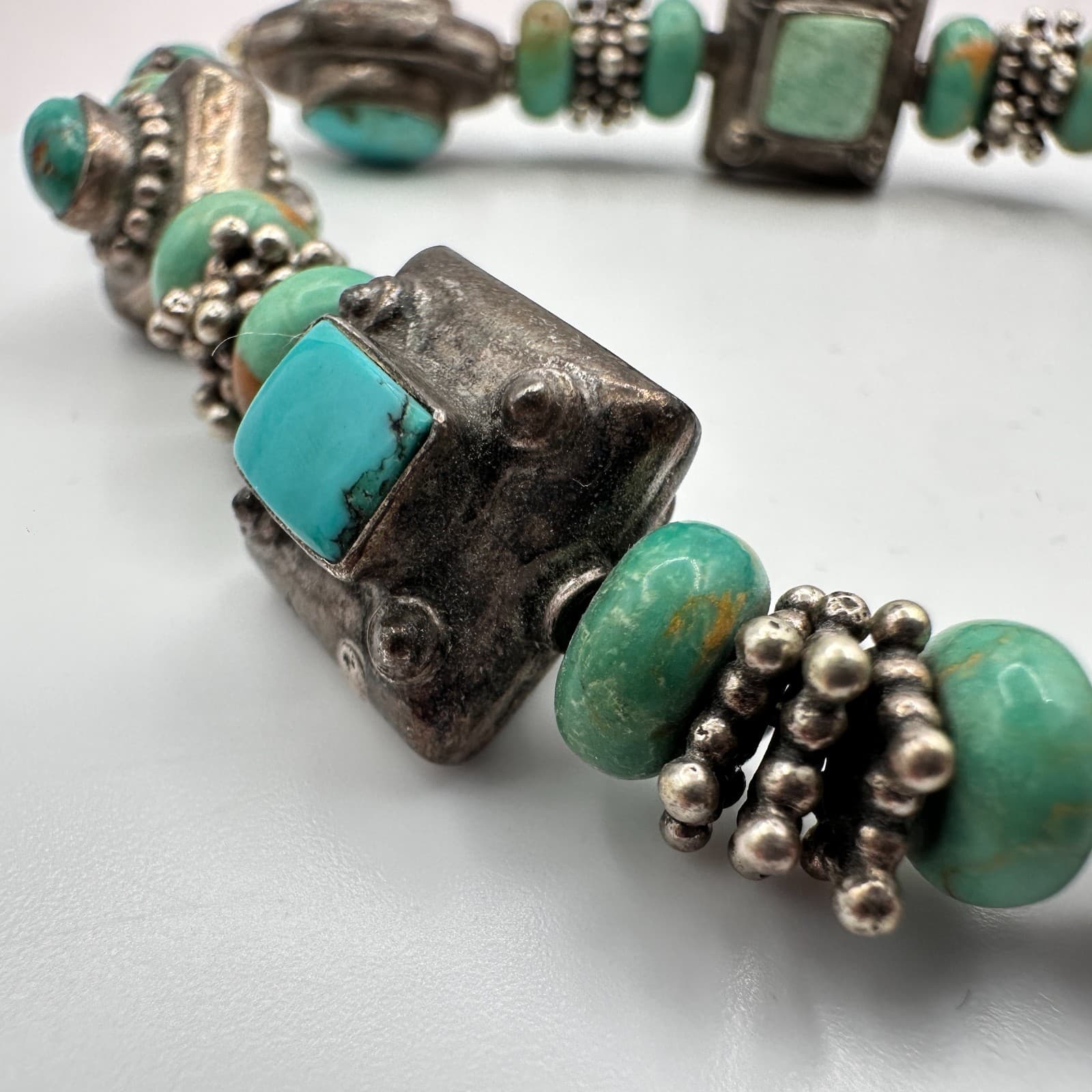 Vintage 90s Y2K Silver Tone Seafoam Green Beaded Bracelet Boho Women's Jewelry - Thumbnail 5