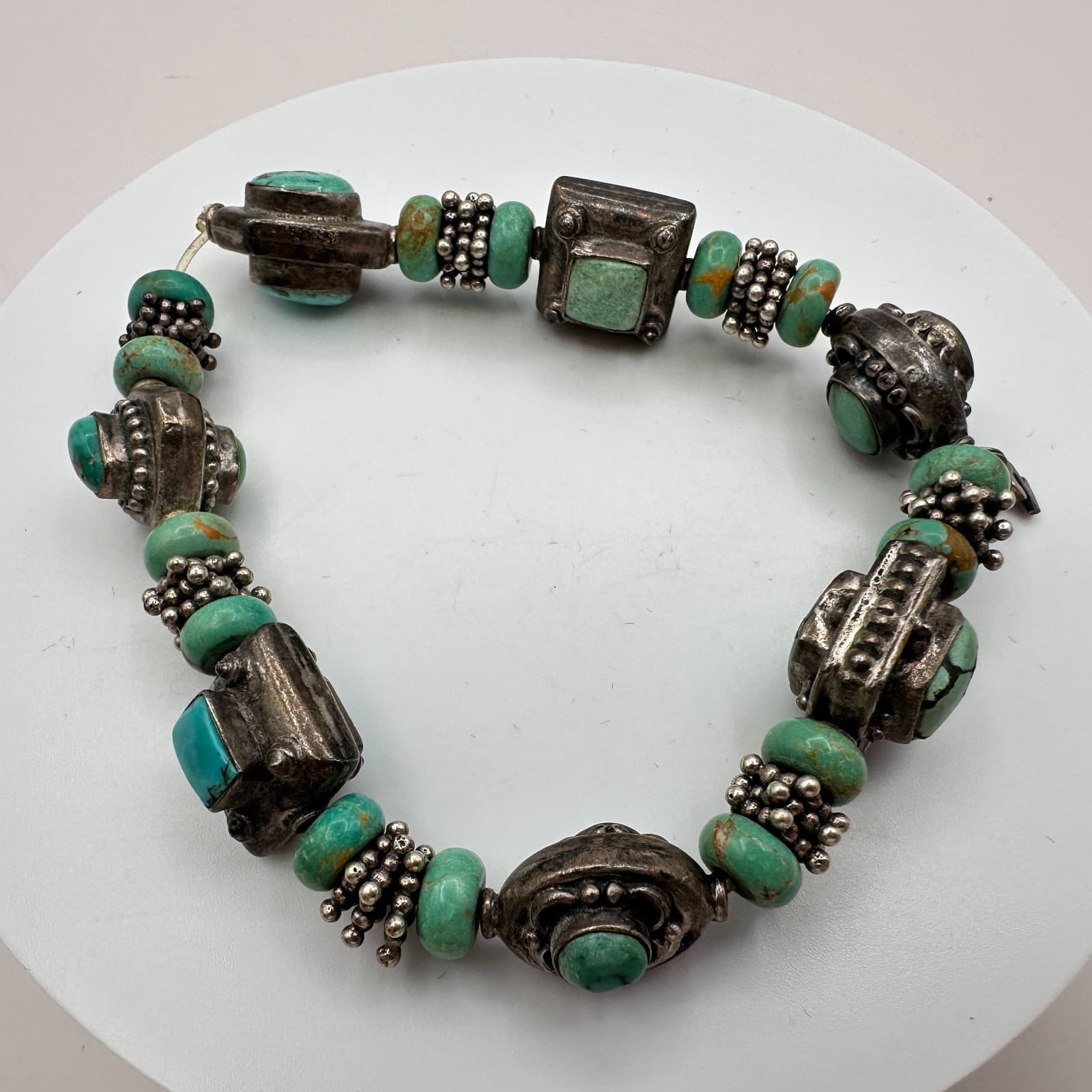 Vintage 90s Y2K Silver Tone Seafoam Green Beaded Bracelet Boho Women's Jewelry - Thumbnail 7