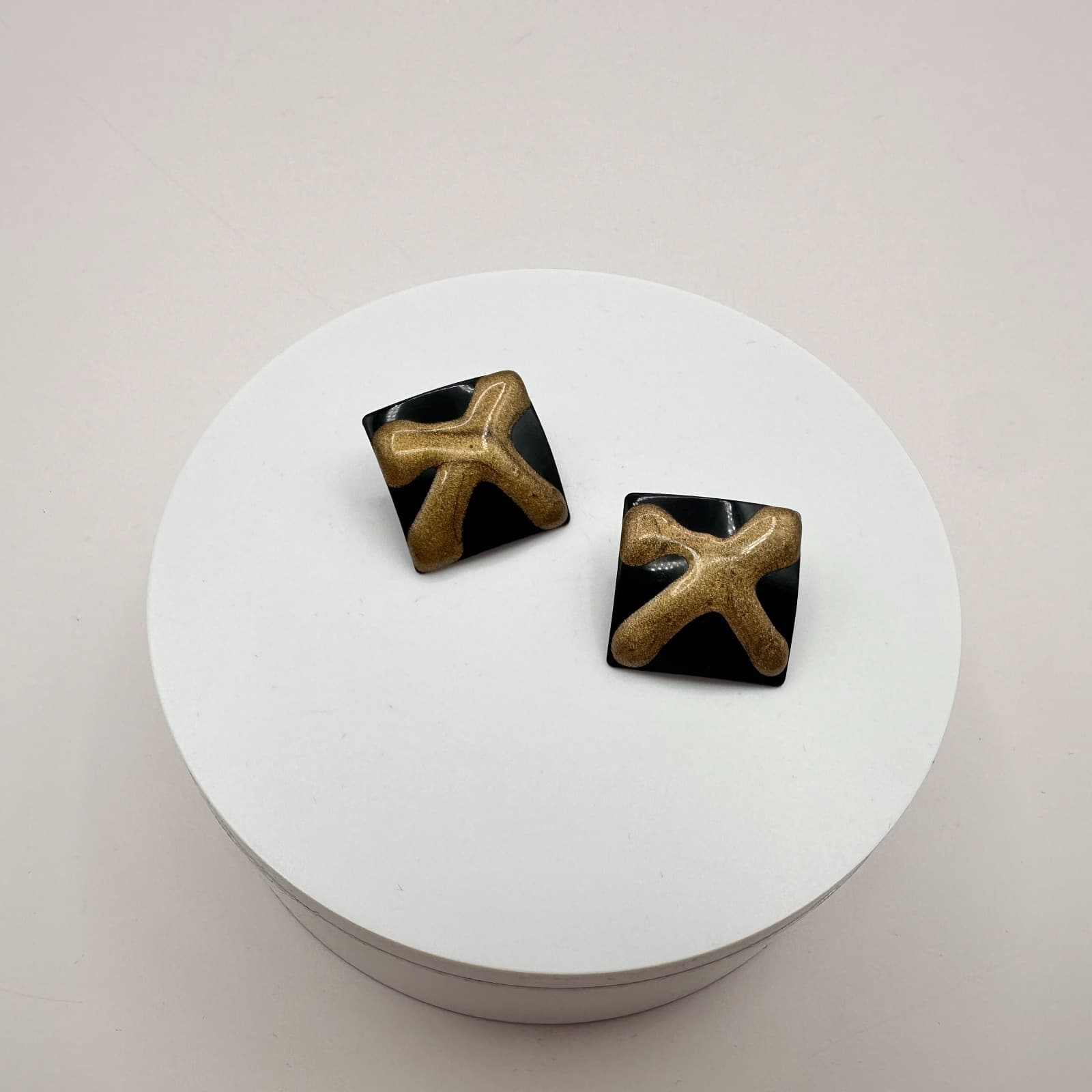 Vintage 90s Black Gold Abstract Square Stud Earrings Geometric Fashion Jewelry - Thumbnail 3