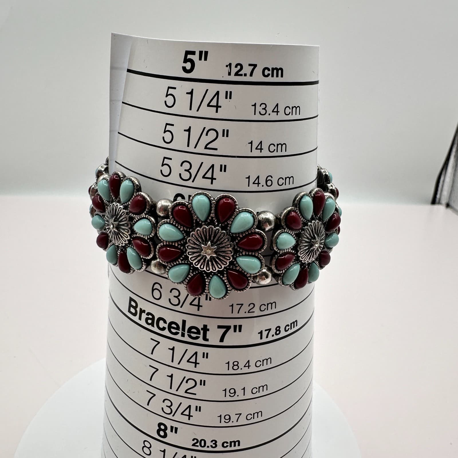 Vintage Y2K Silver Tone Turquoise Red Cabochon Stretch Floral Bracelet Jewelry - Thumbnail 7