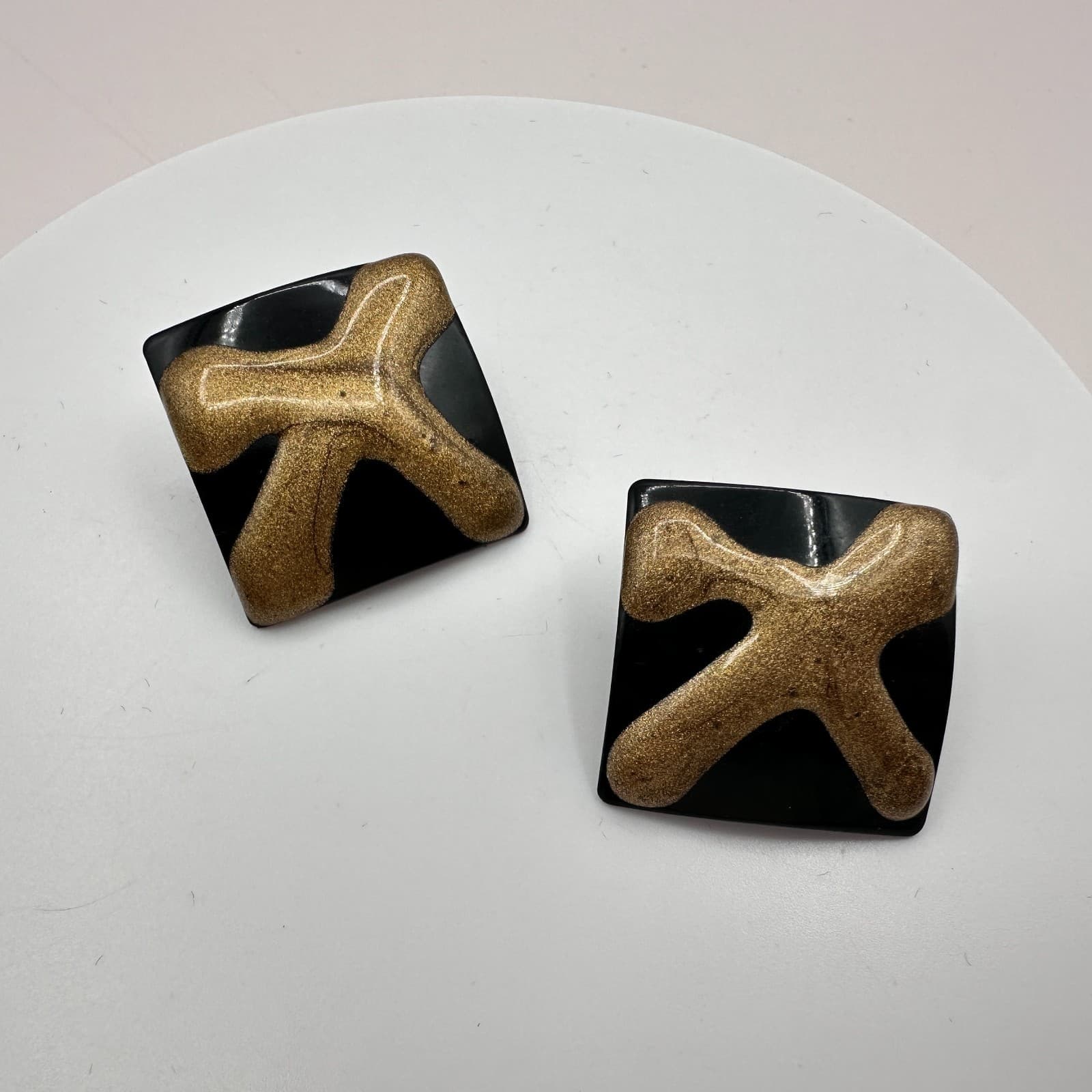 Vintage 90s Black Gold Abstract Square Stud Earrings Geometric Fashion Jewelry - Thumbnail 4