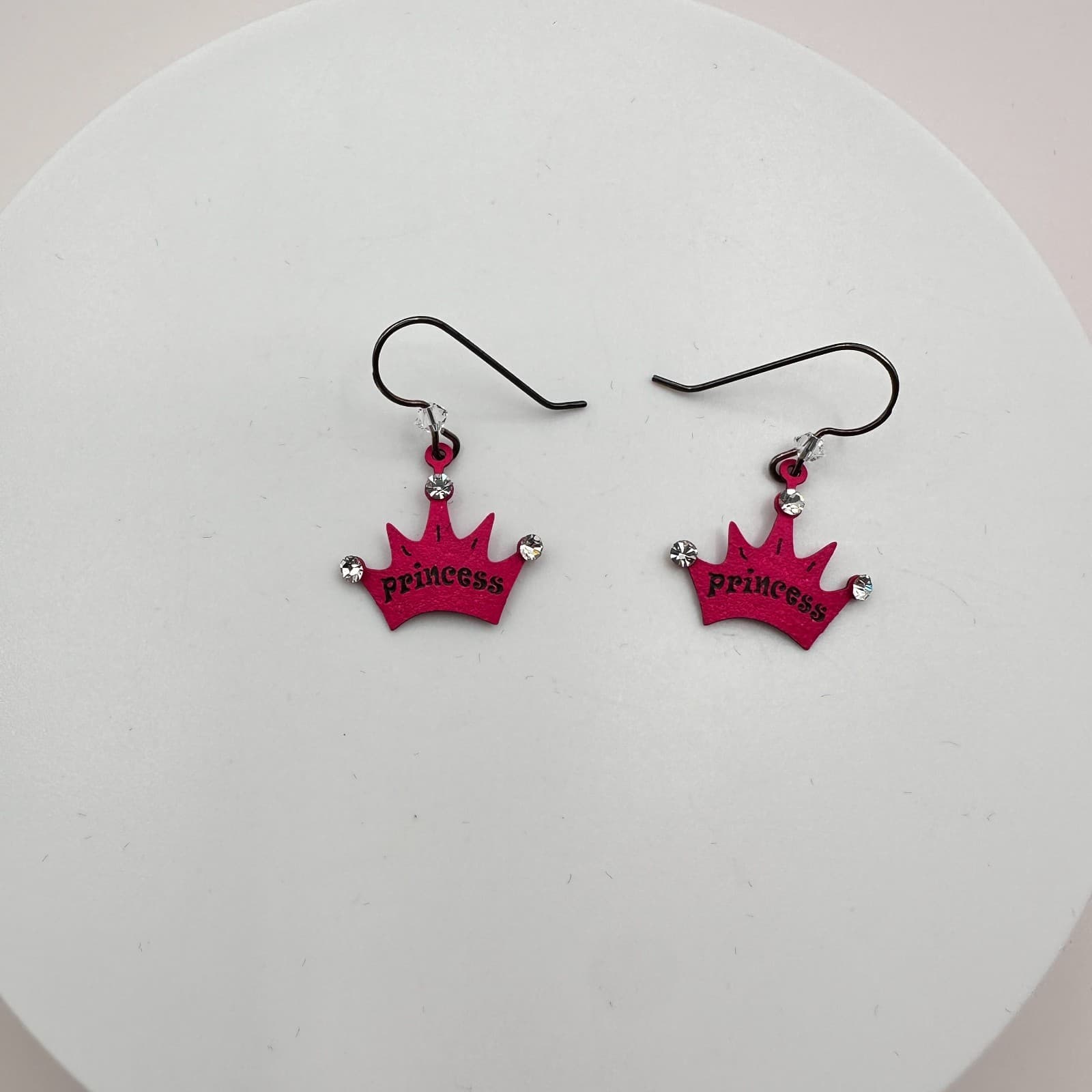 Vintage 90s Y2K Pink Princess Crown Rhinestone Dangle Earrings Women's Jewelry - Thumbnail 2