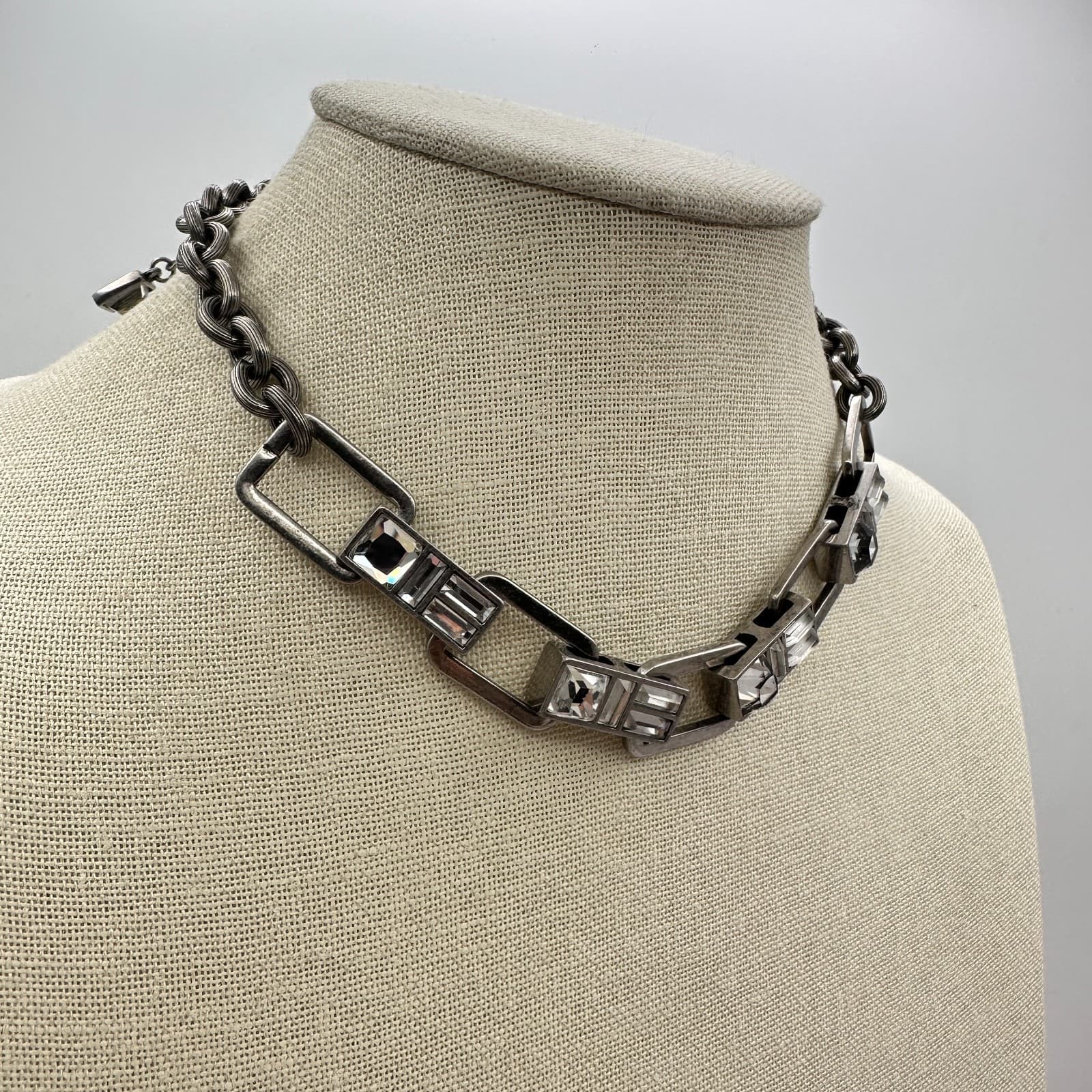 VTG 90s Keren Hanan Silver Tone Clear Glass Industrial Link Statement Necklace - Thumbnail 5