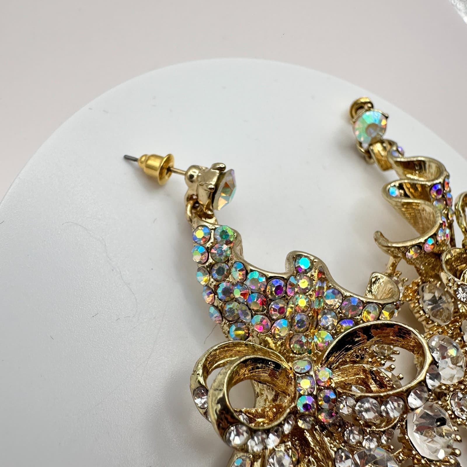 Vintage 90s Gold Tone Clear Rhinestone Bow Dangle Earrings Classic Jewelry - Thumbnail 5