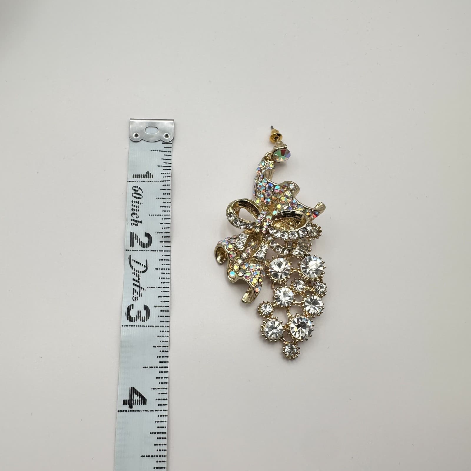 Vintage 90s Gold Tone Clear Rhinestone Bow Dangle Earrings Classic Jewelry - Thumbnail 6