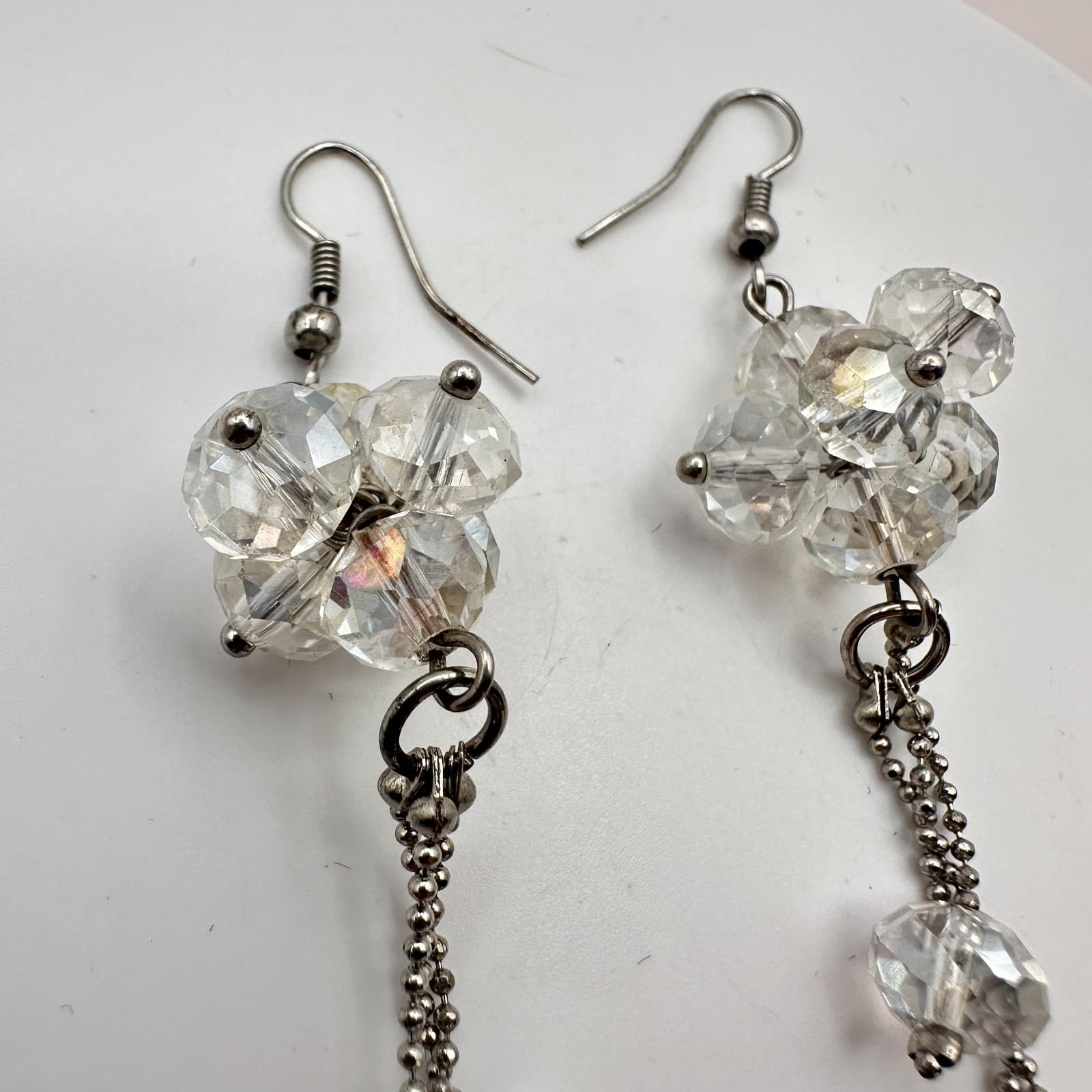 Vintage Y2K Silver Tone Clear Faceted Glass Beaded Tassel Earrings Jewelry - Thumbnail 4
