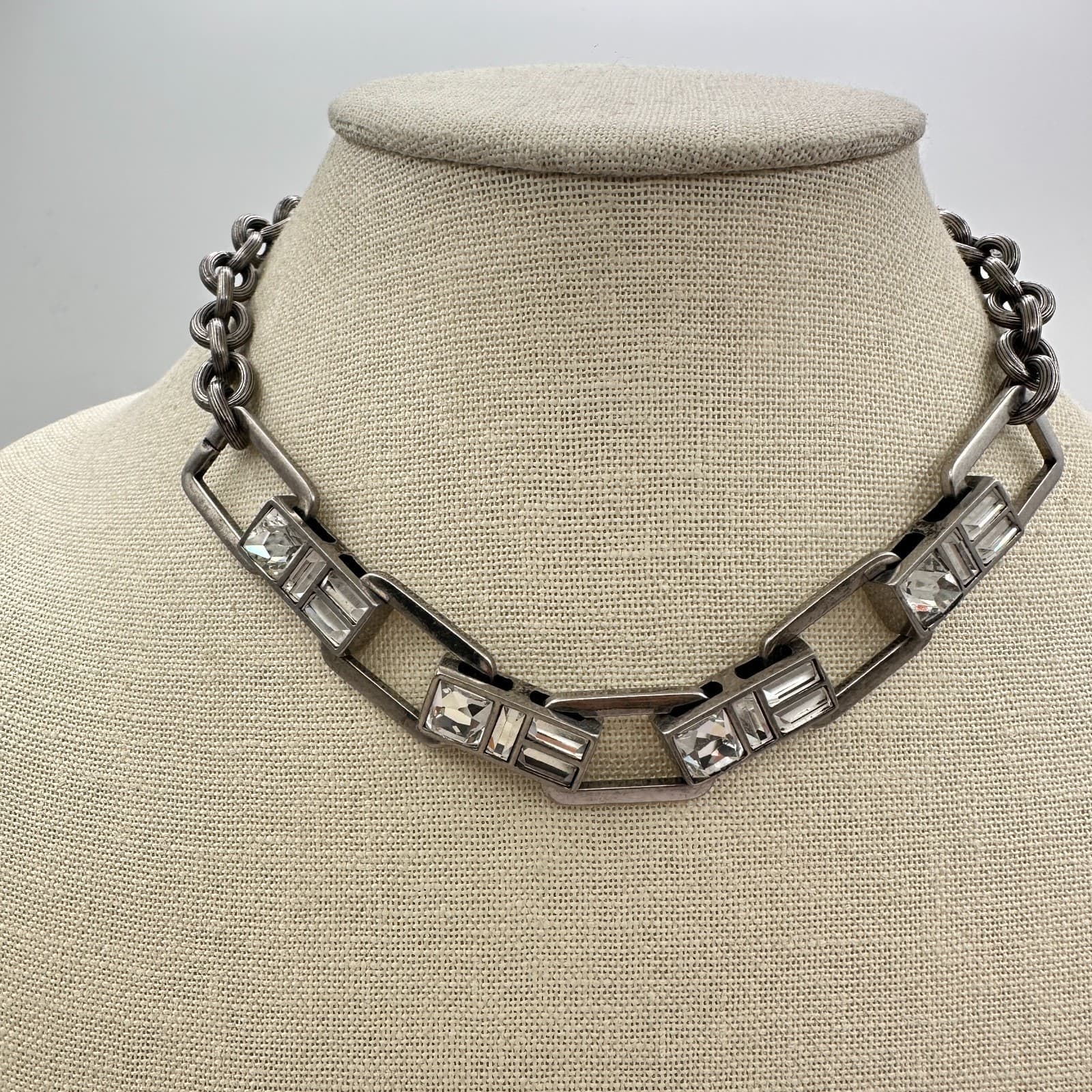 VTG 90s Keren Hanan Silver Tone Clear Glass Industrial Link Statement Necklace - Thumbnail 7