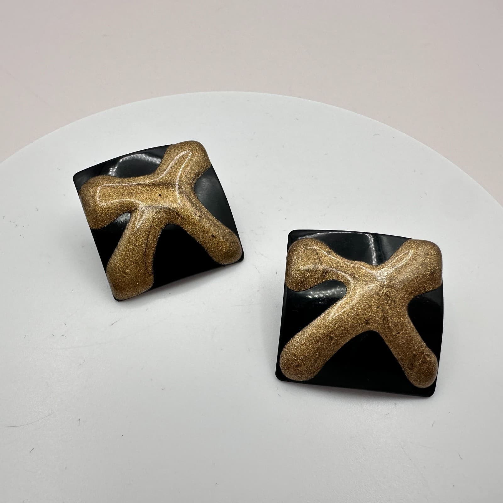 Vintage 90s Black Gold Abstract Square Stud Earrings Geometric Fashion Jewelry - Thumbnail 2