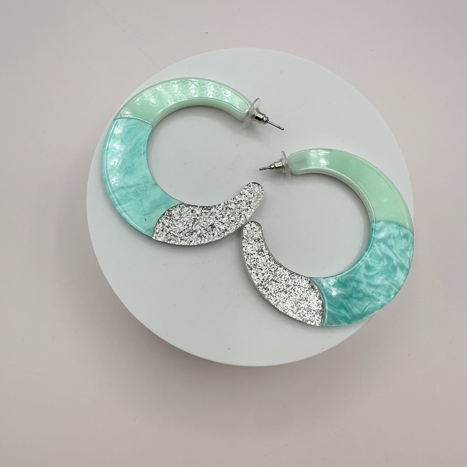 Vintage Y2K Silver Tone Mint Green Marble Glitter Hoop Earrings Women's Jewelry