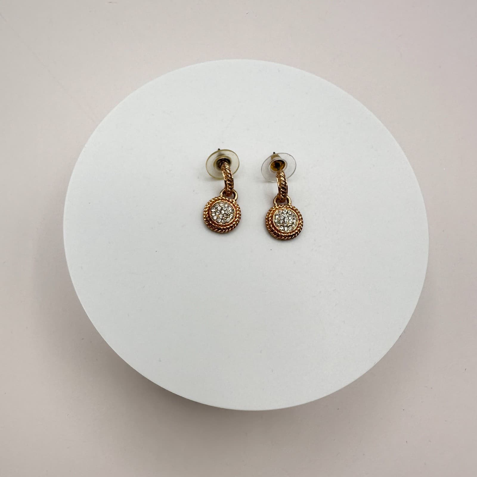 Vintage 90s Gold Tone Glass Pave Round Drop Dangle Earrings Fashion Jewelry - Thumbnail 2